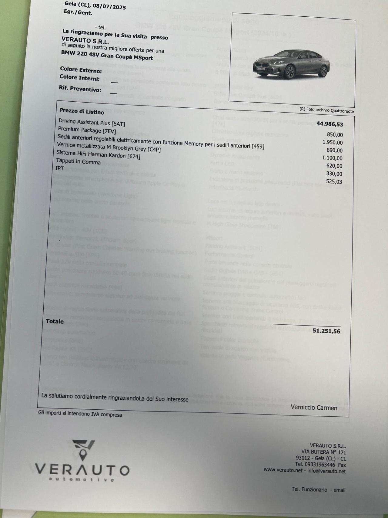 BMW 220 i MSport auto possibilità noleggio no scoring