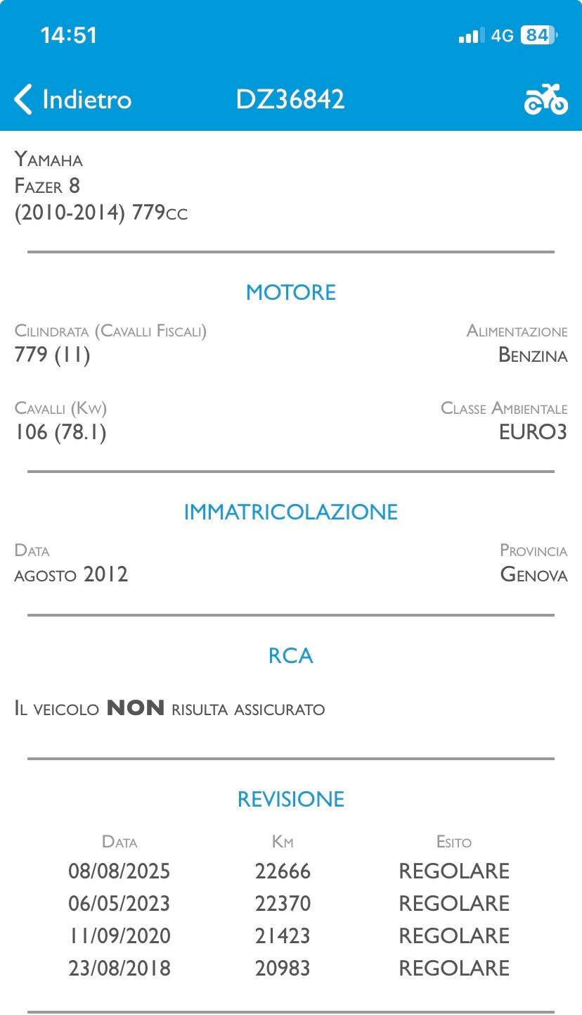 Yamaha Fazer 8 2012- 2 Prop . Solo 23.500 Km - Occasione
