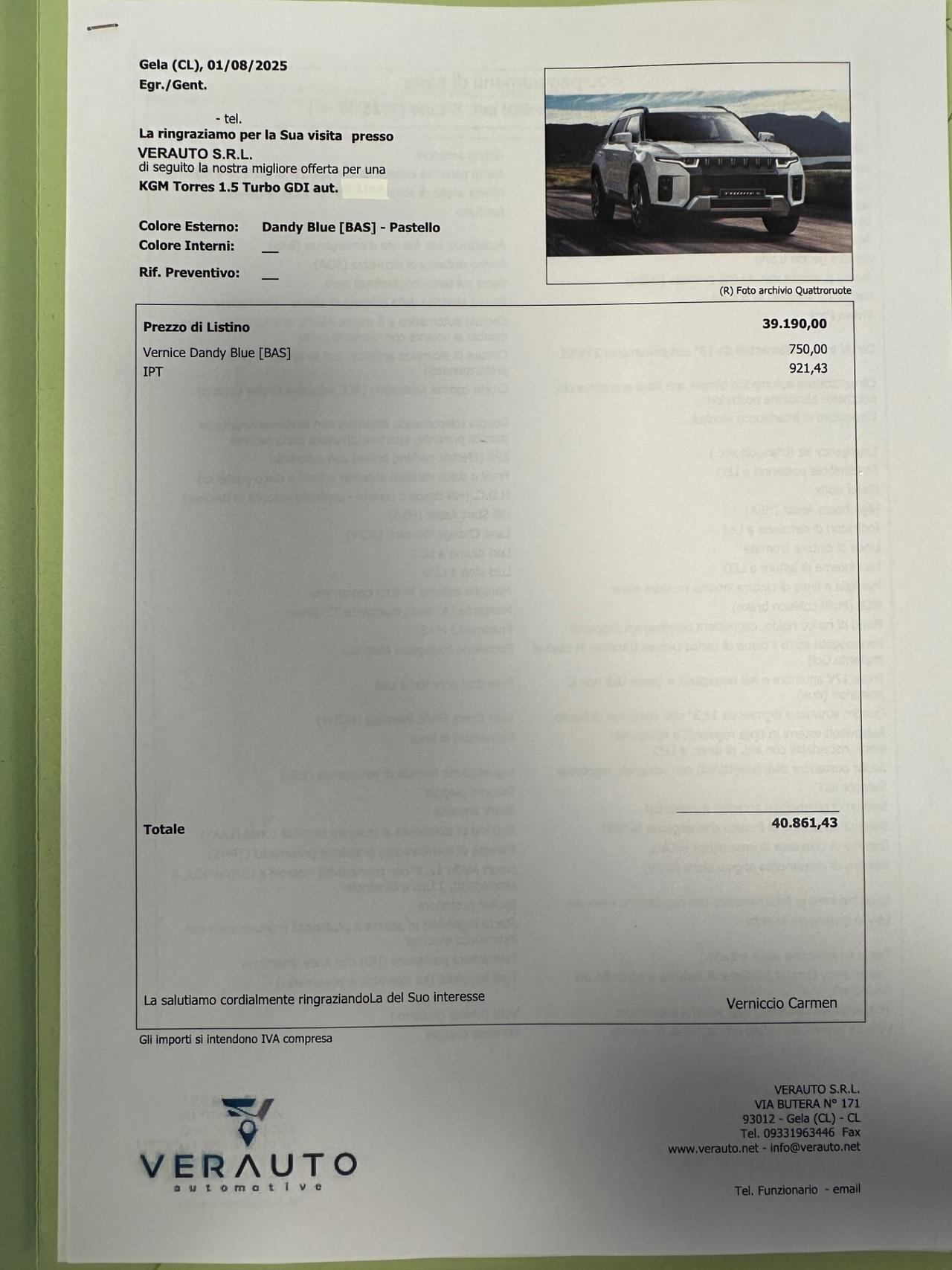 KGM 1.5 Dream awd possibilità noleggio no scoring