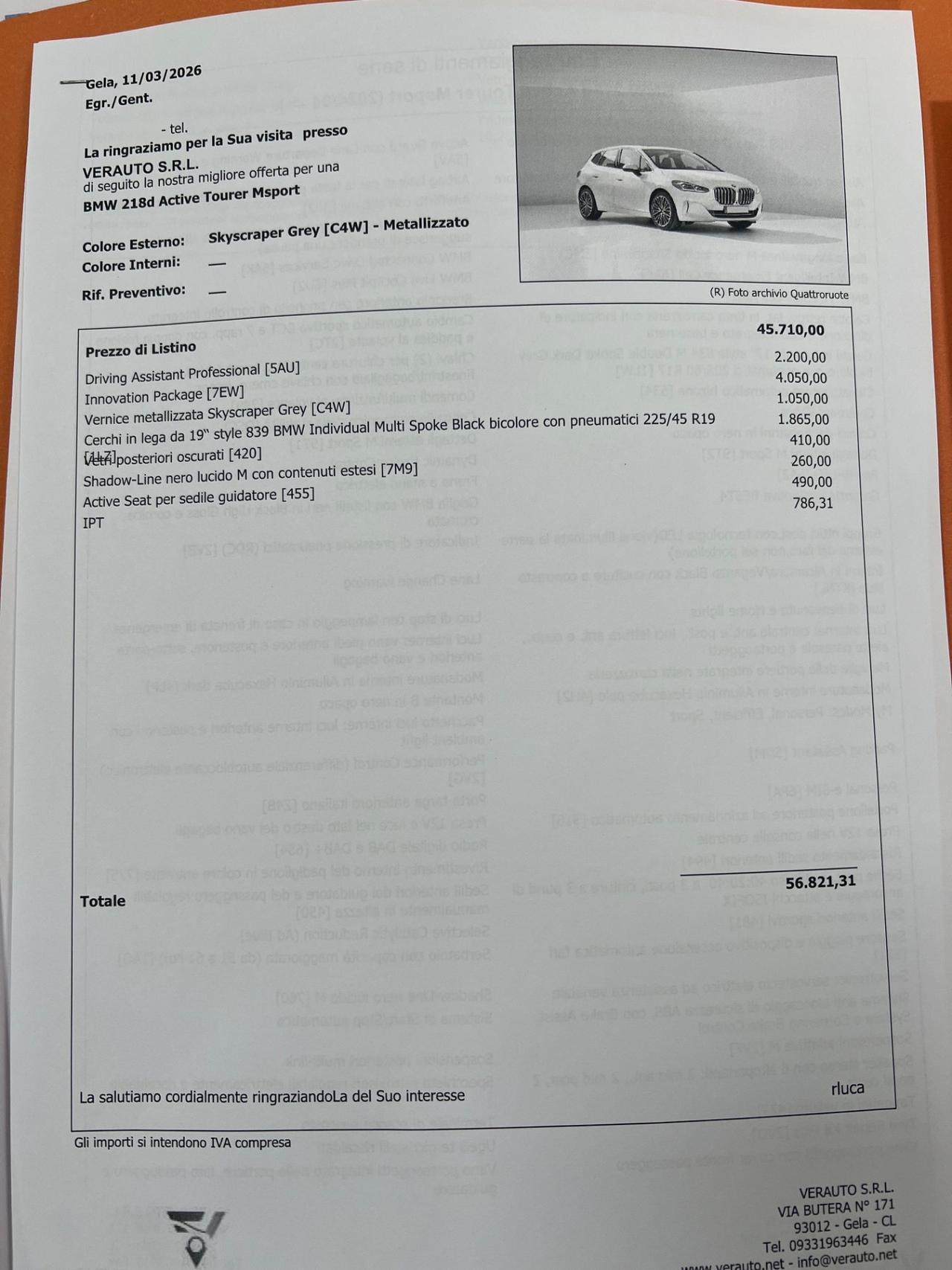 Bmw 218d Active Tourer Msport possibilità noleggio no scoring