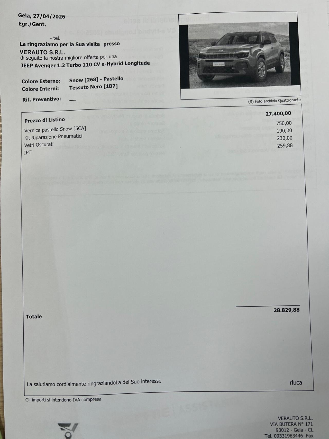 Jeep Avenger 1.2 Turbo 110 CV MHEV Longitude possibilità noleggio no scoring