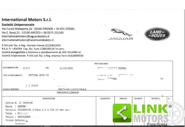 JAGUAR F-Pace 2.0 D 204 CV AWD aut. Unico Proprietario