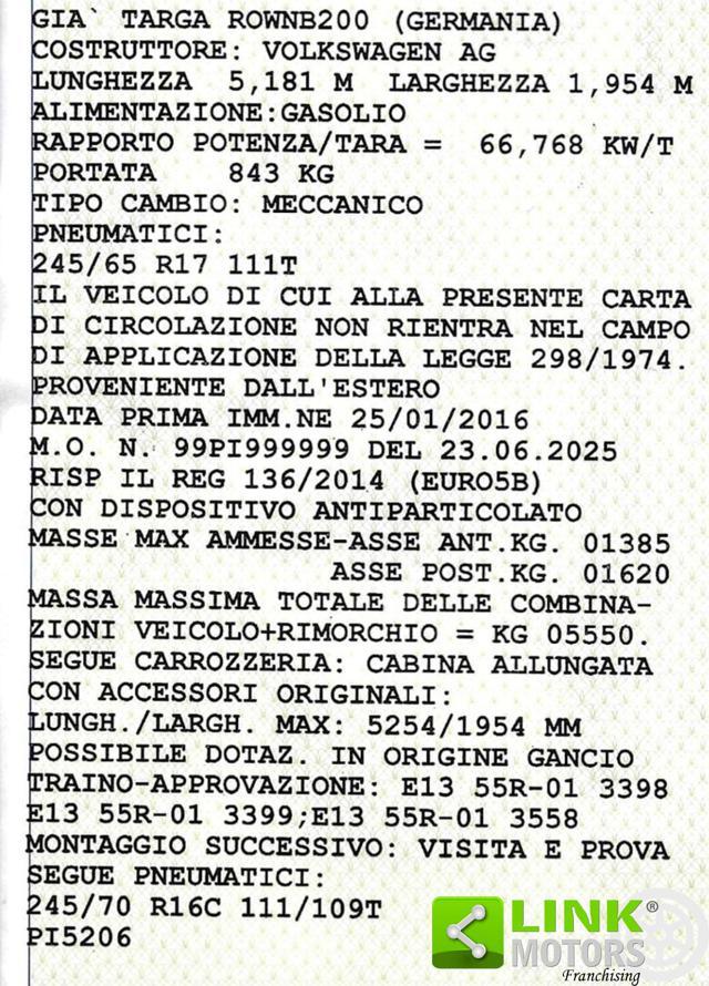 VOLKSWAGEN Amarok 2.0 BiTDI 180 CV 4MOTION Perm. Autocarro Gancio T.