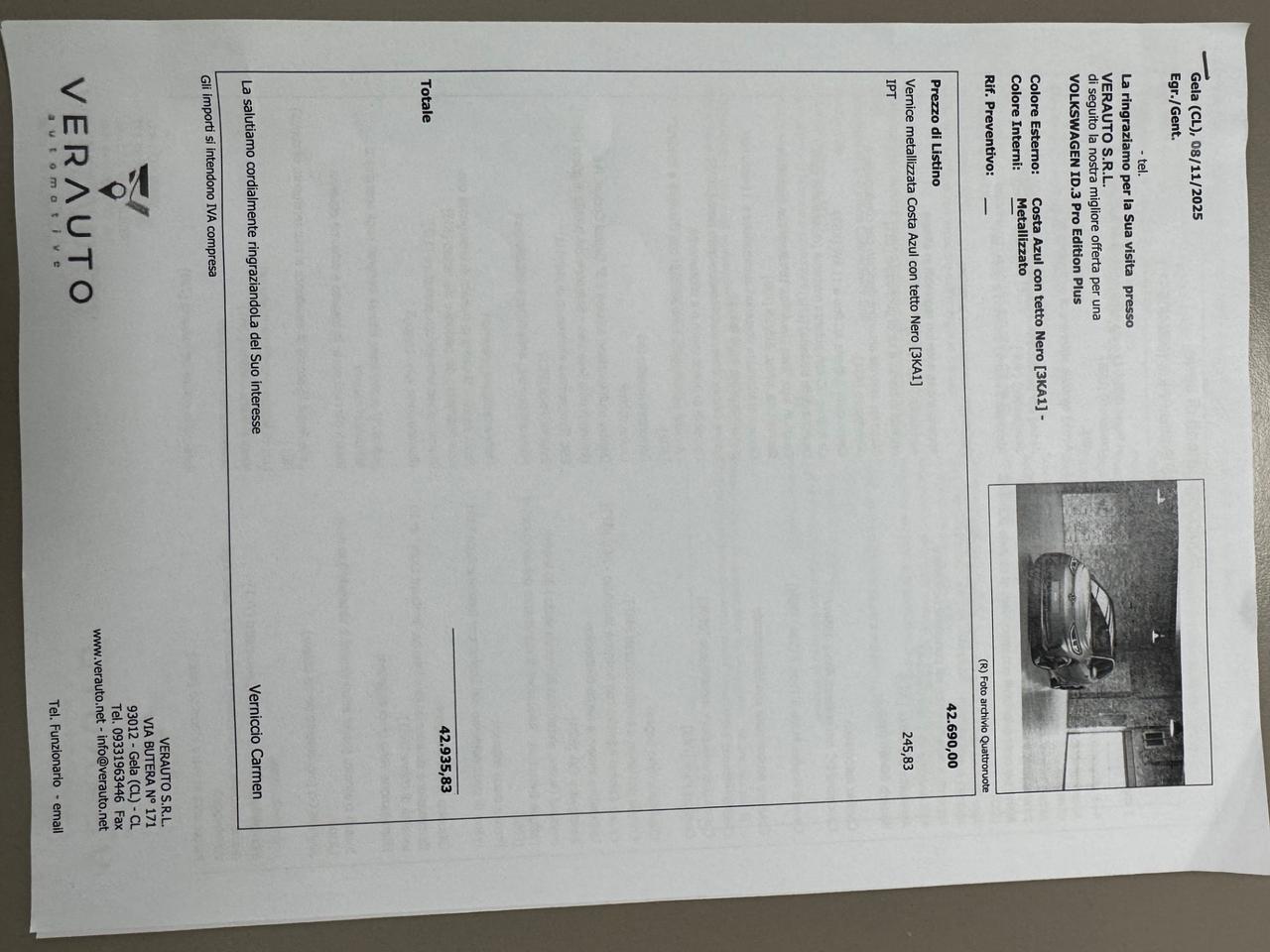 Volkswagen ID.3 ProEdition Plus possibilità noleggio no scoring