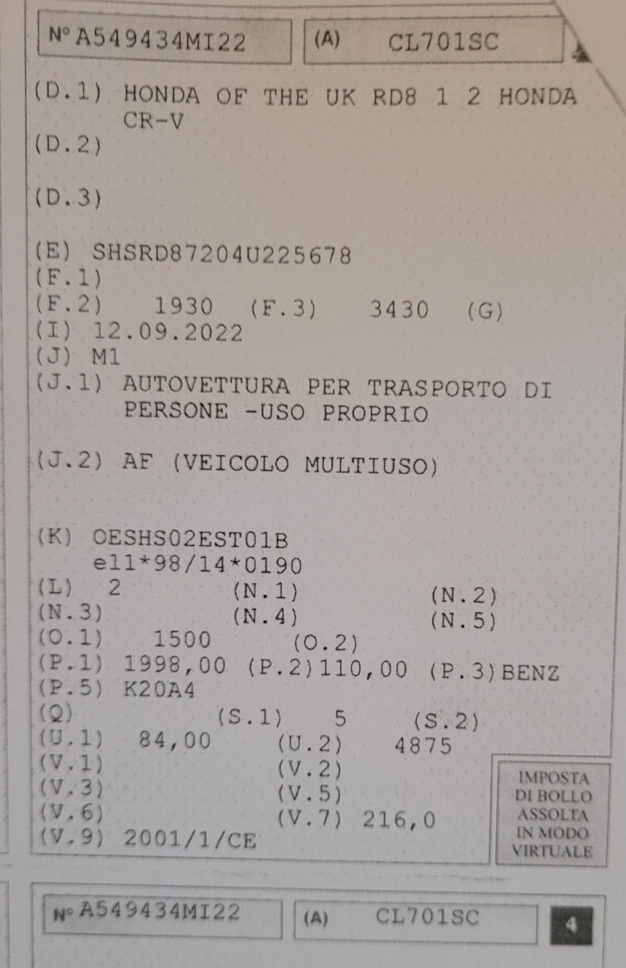 Honda CR-V 2.0 Benzina 4X4..