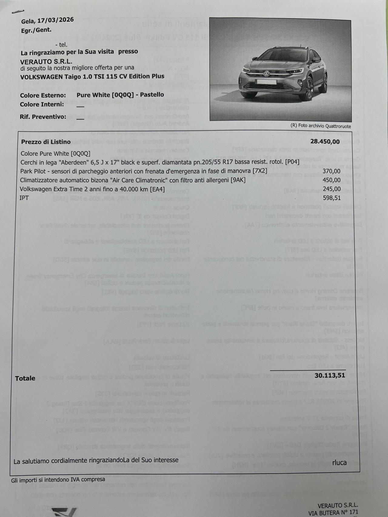 Volkswagen Taigo 1.0 TSI 115 CV Edition Plus possibilità noleggio no scoring