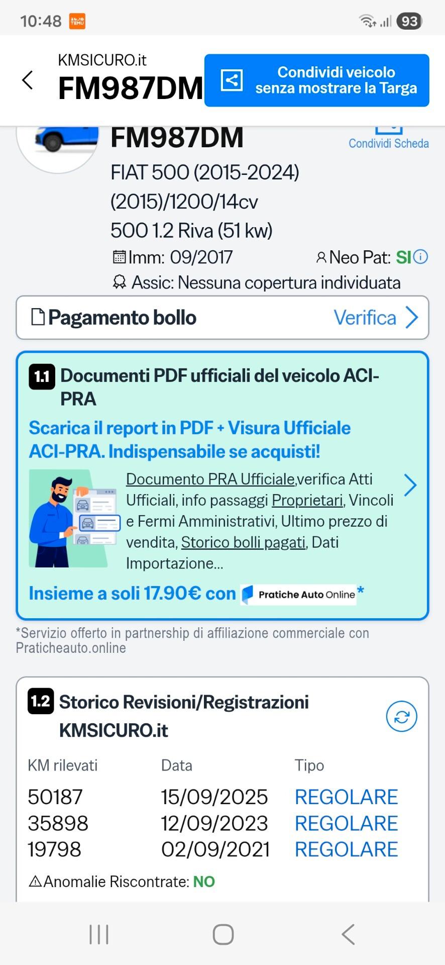 Fiat 500 1.3B perfetta è garantita 12 mesi