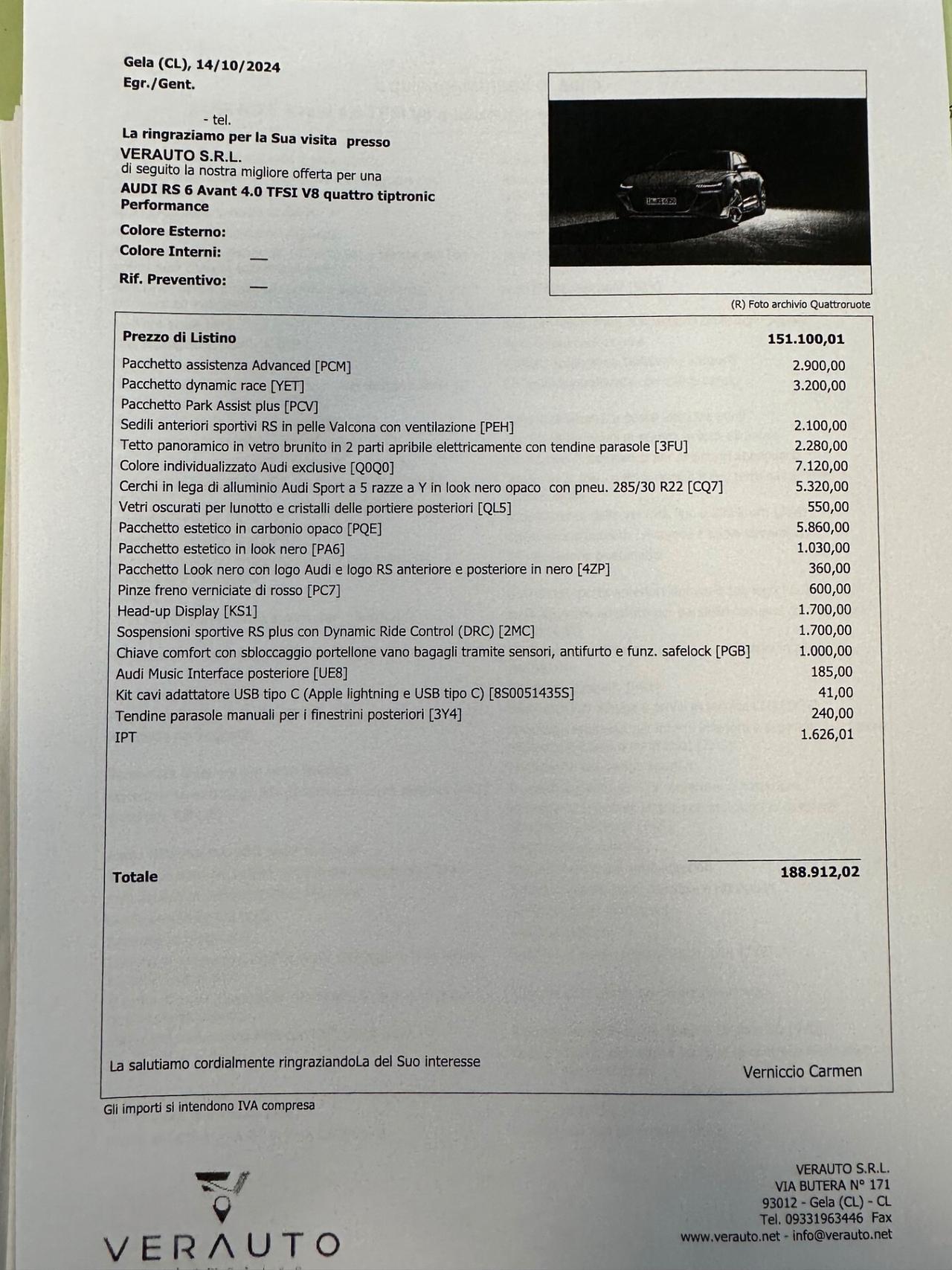 Audi RS6 4.0 performance possibilità noleggio no scoring