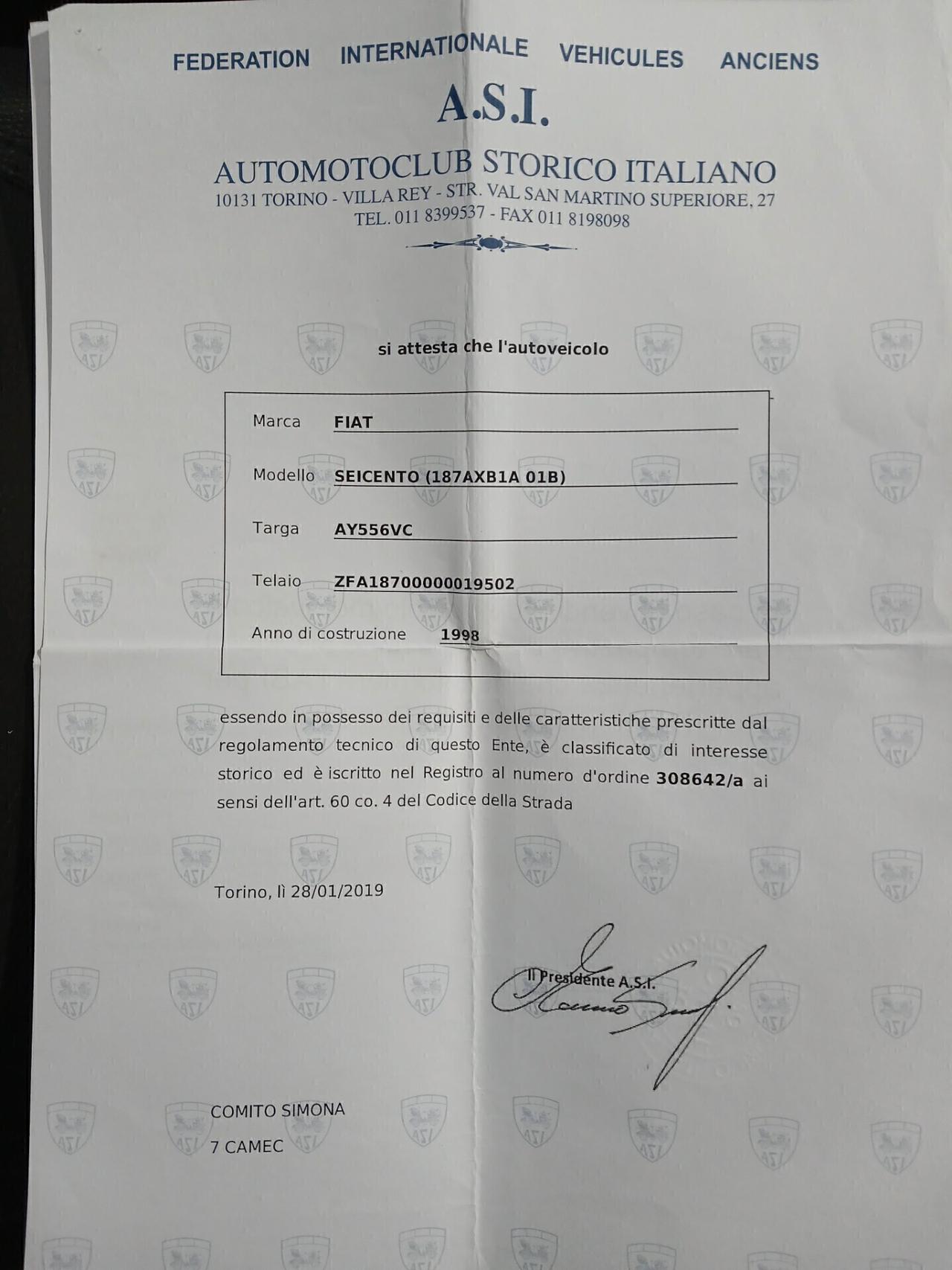 Seicento già iscritta ASI