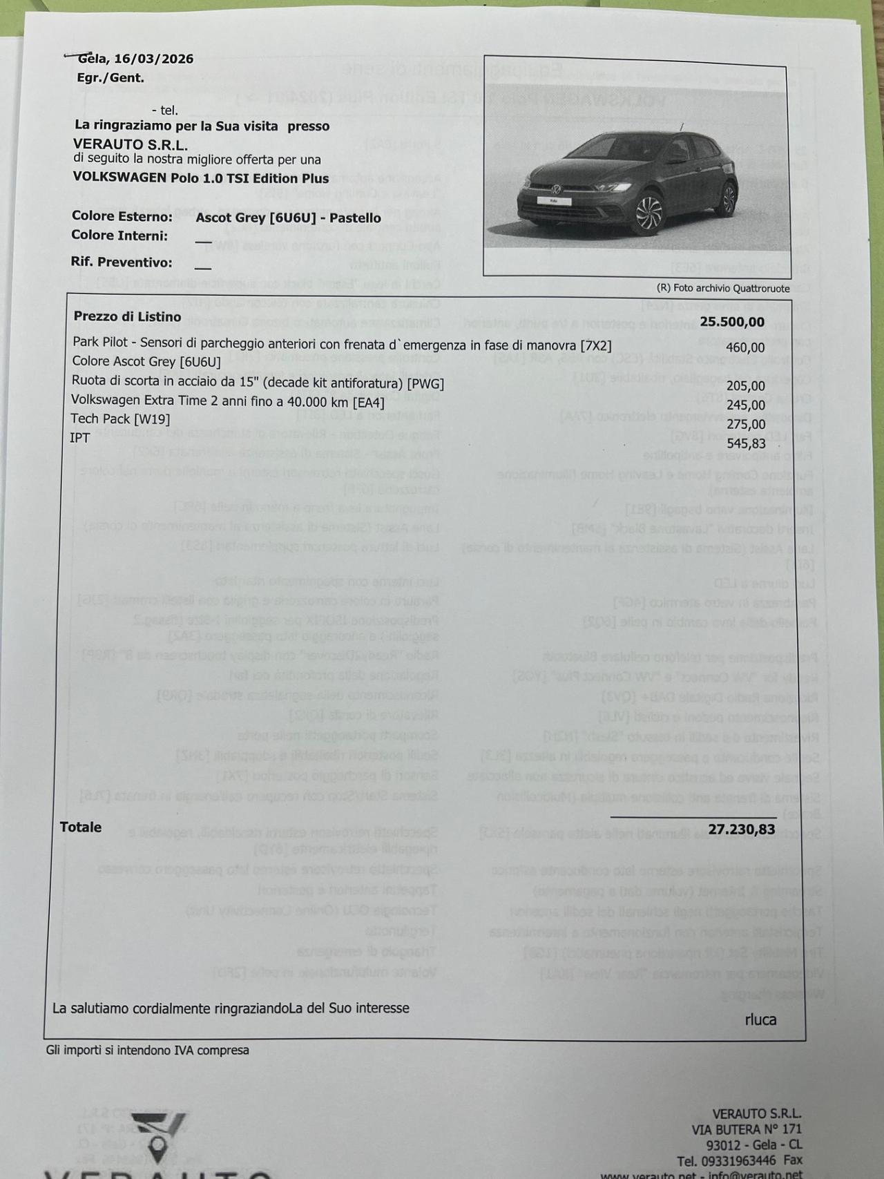 Volkswagen Polo 1.0 TSI Edition Plus possibilità noleggio no scoring