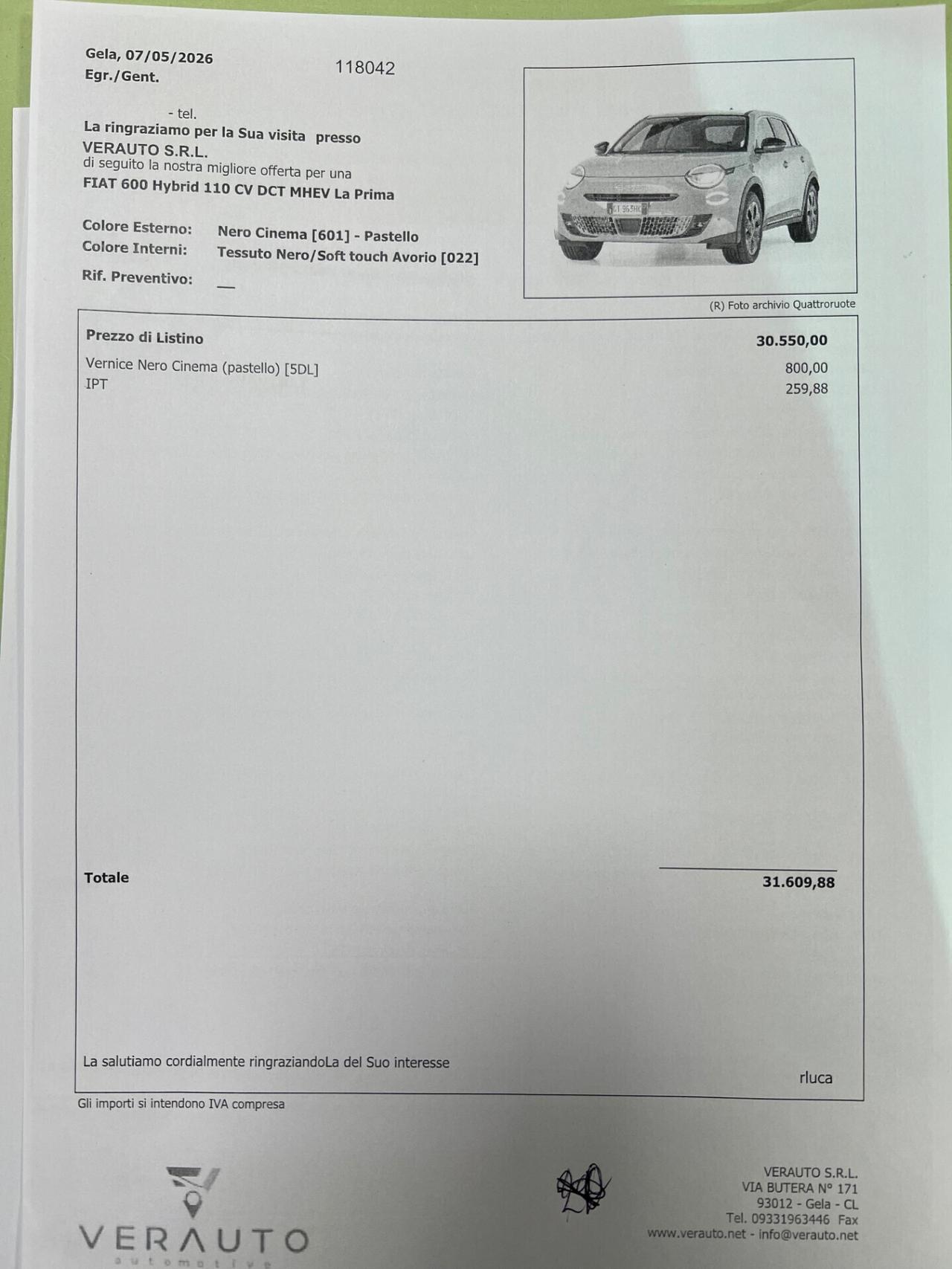 Fiat 600 Hybrid 110 CV DCT MHEV La Prima - possibilità noleggio no scoring