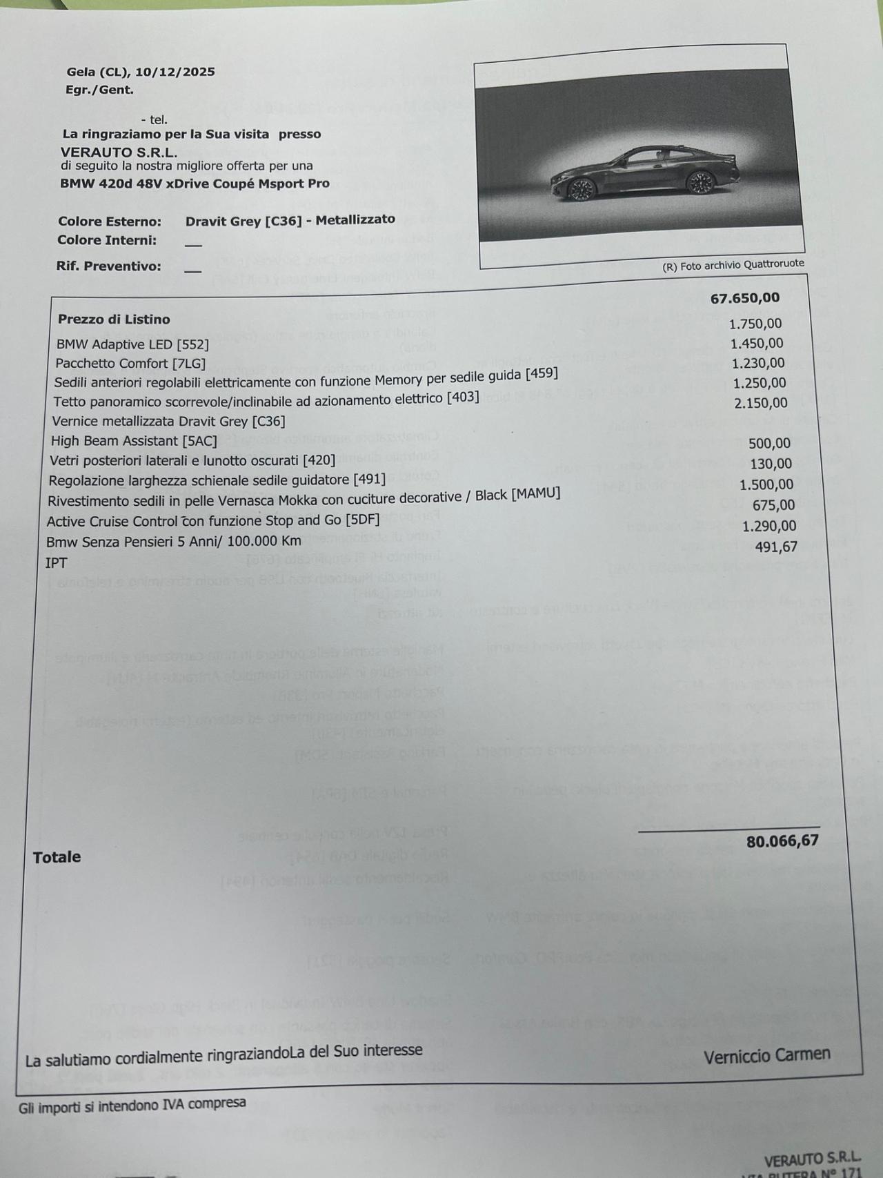 BMW 420 d xdrive MSport possibilità noleggio no scoring