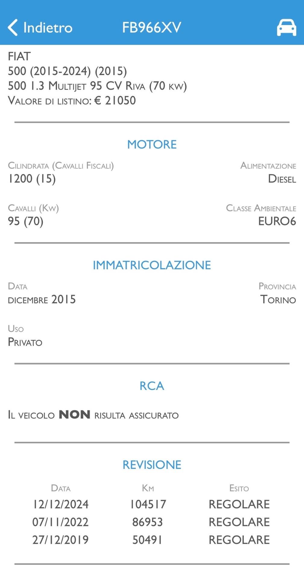 Fiat 500 1.3 Mjt 95 Cv Riva 100.000 KM - 12/2015