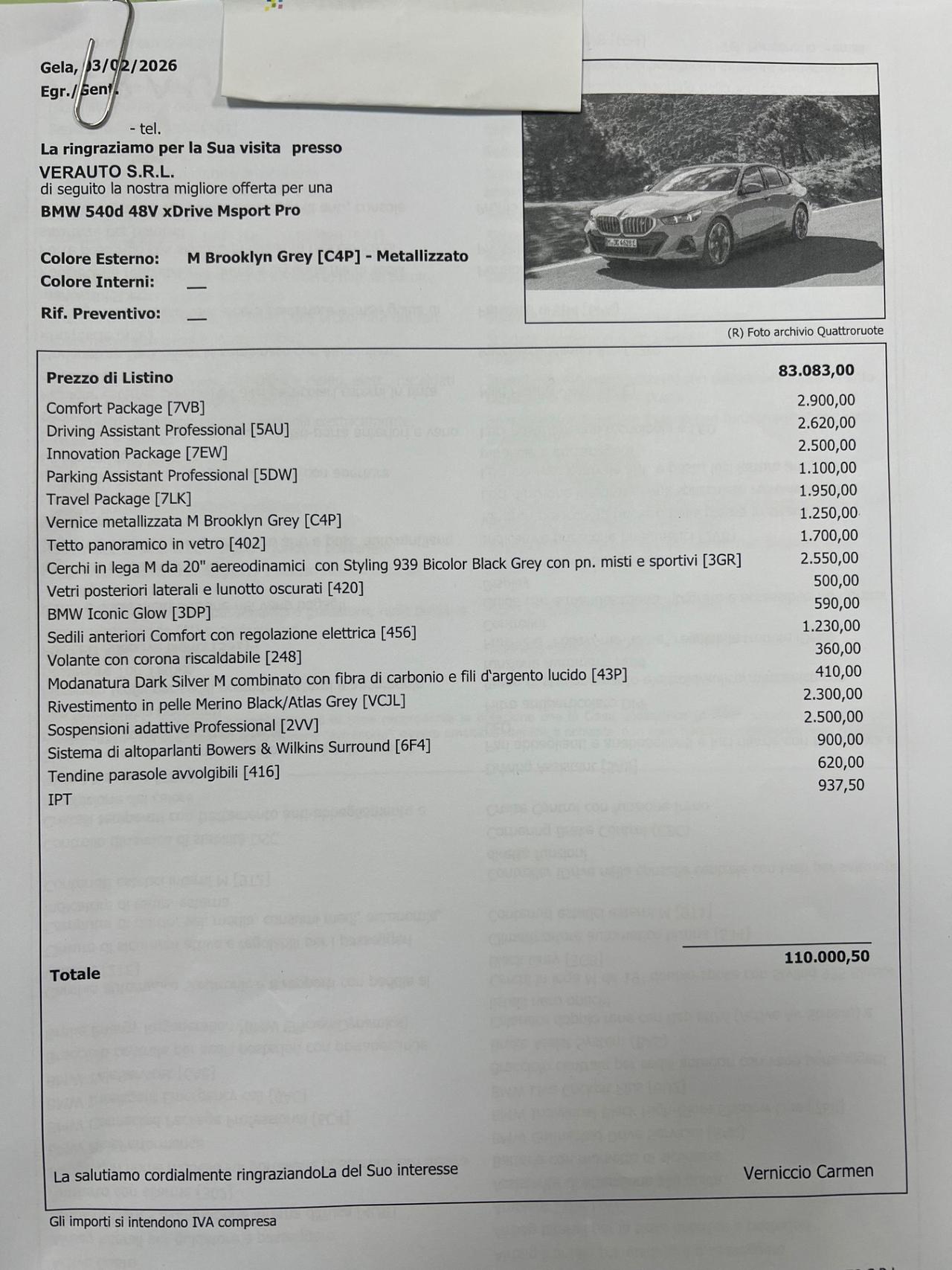 Bmw 540d xdrive MSport Pro possibilità noleggio noscoring