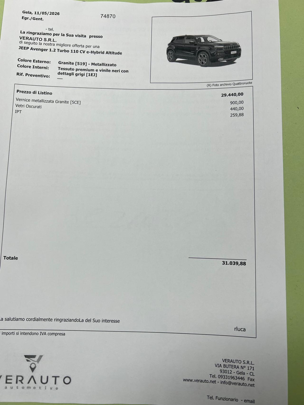 Jeep Avenger 1.2 Turbo 110 CV MHEV Altitude - possibilità noleggio no scoring