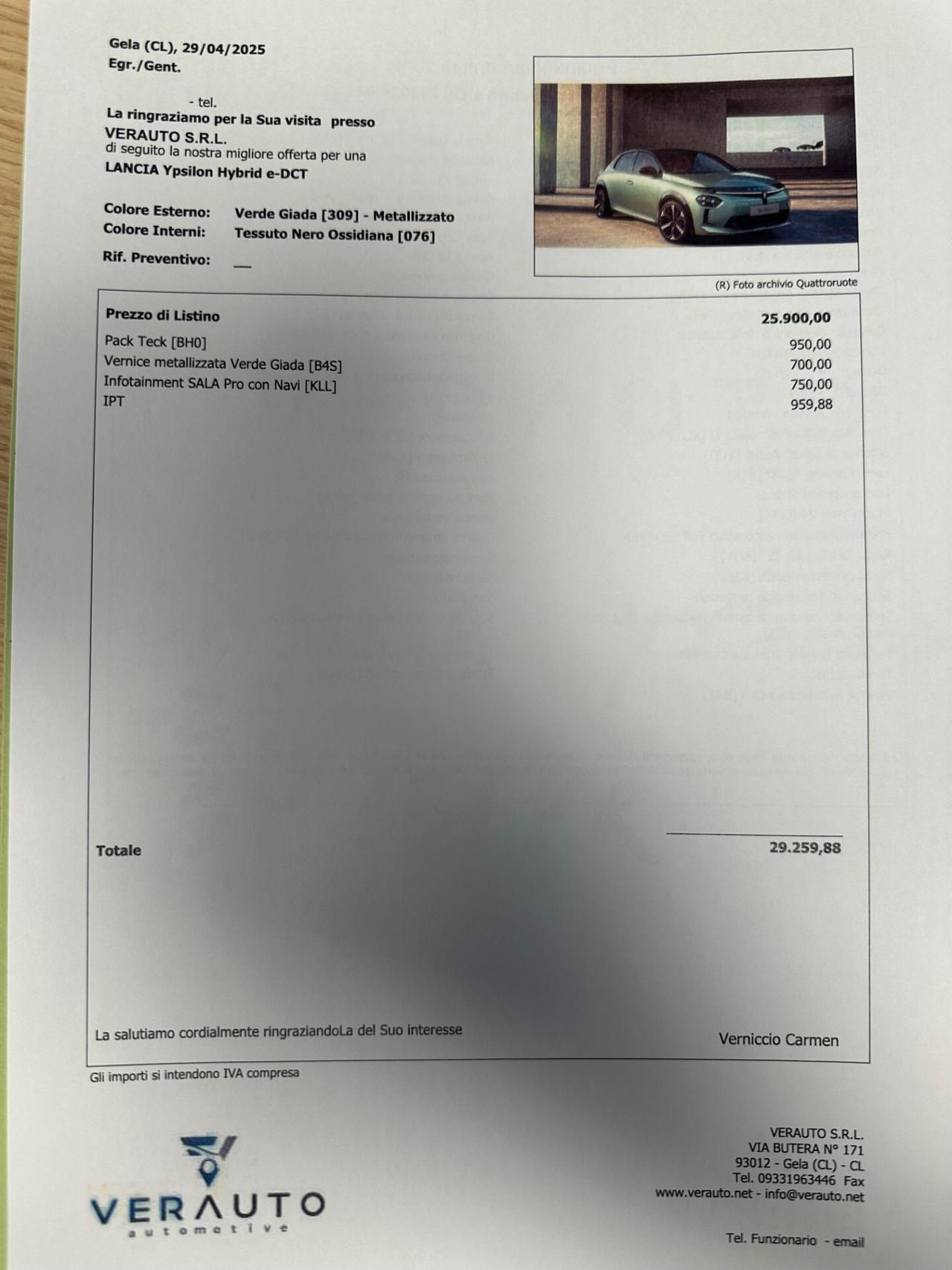 Lancia Ypsilon 1.2 mhev e-dct possibilità noleggio no scoring