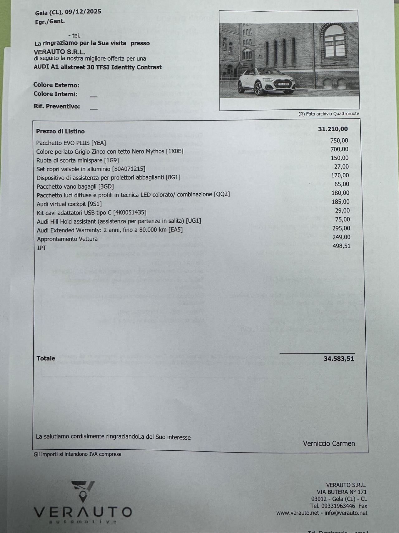 Audi A1 allstreet 30 possibilità noleggio no scoring