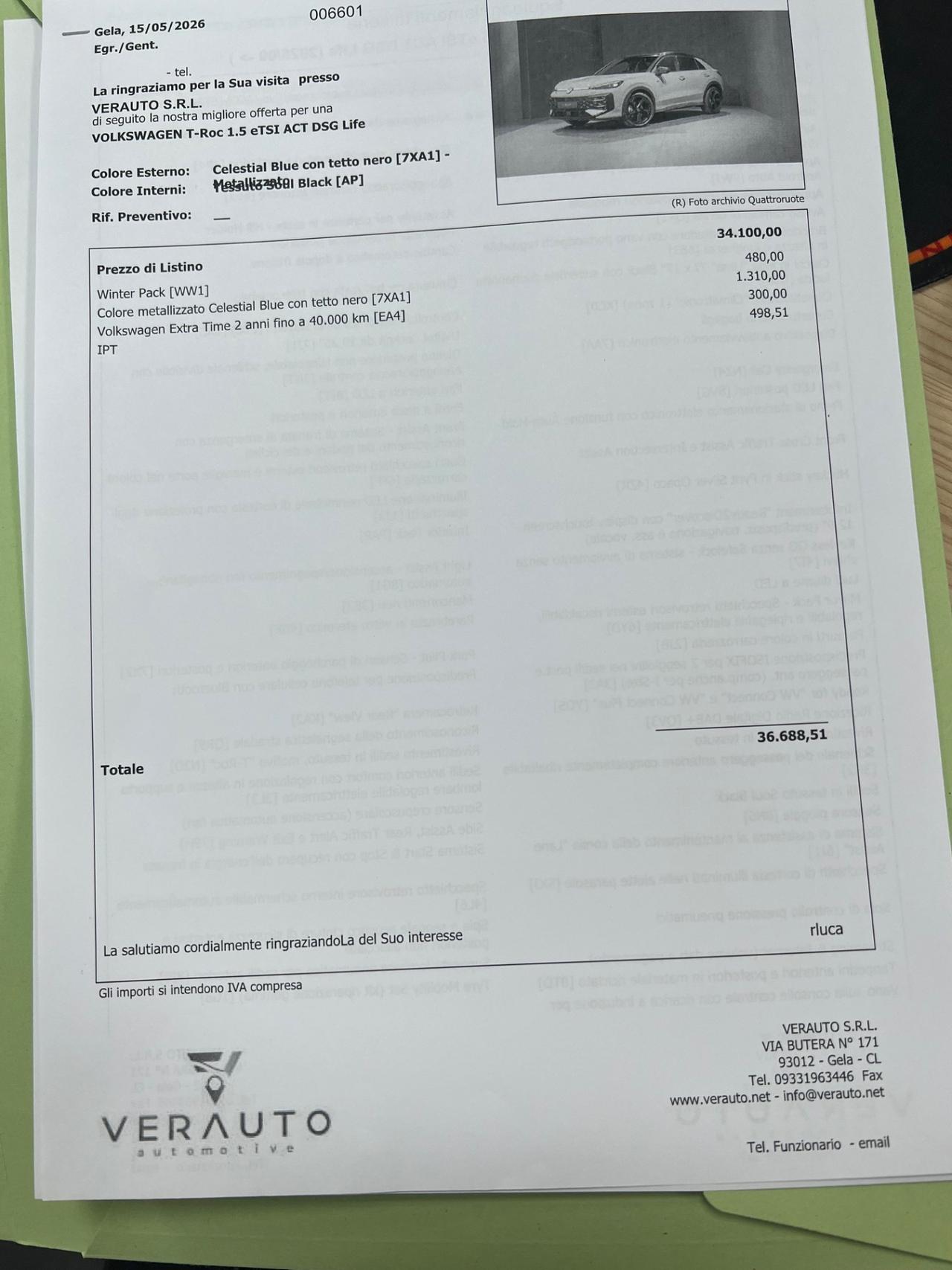 Volkswagen T-Roc 1.5 eTSI ACT DSG Life - possibilità noleggio no scoring