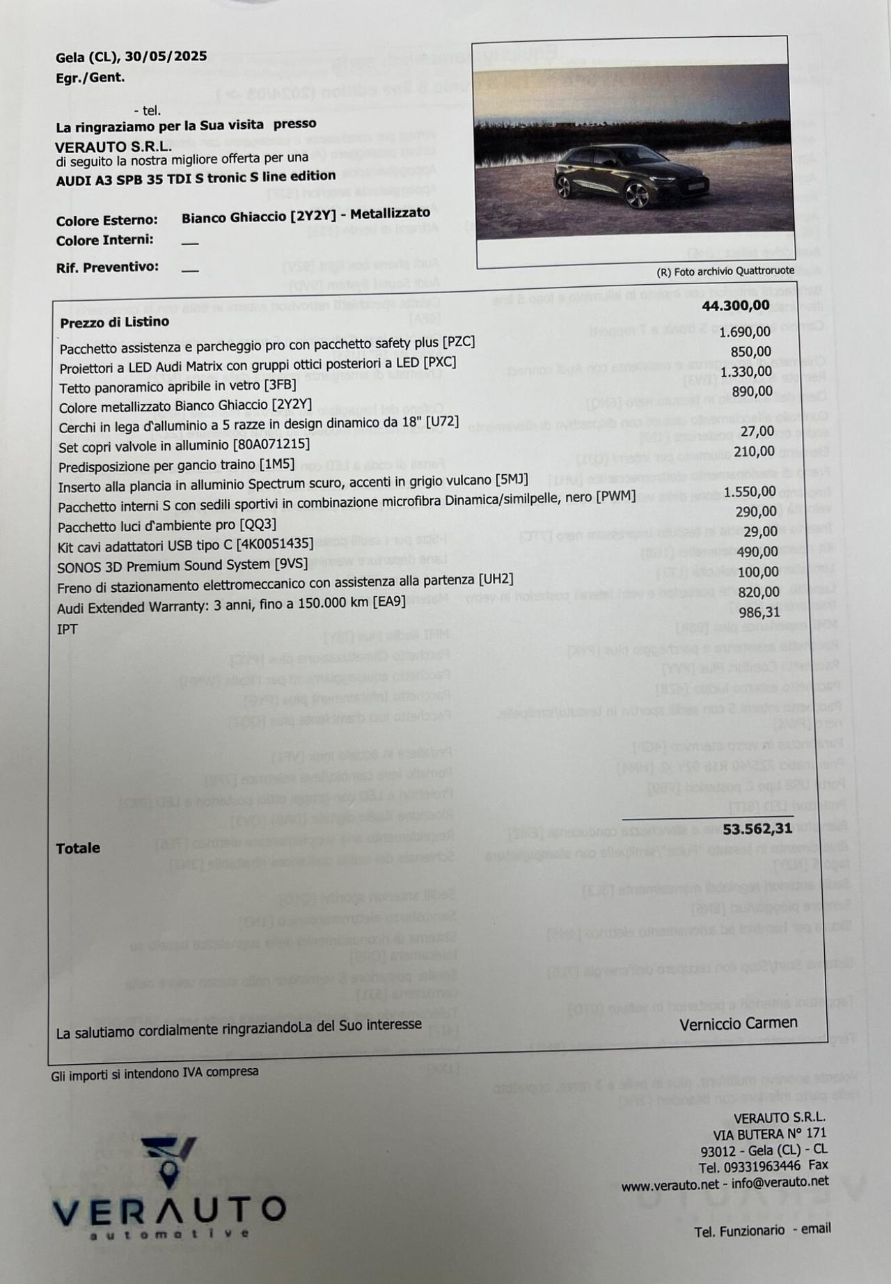 Audi A3 SPB 35 Sline possibilità noleggio no scoring