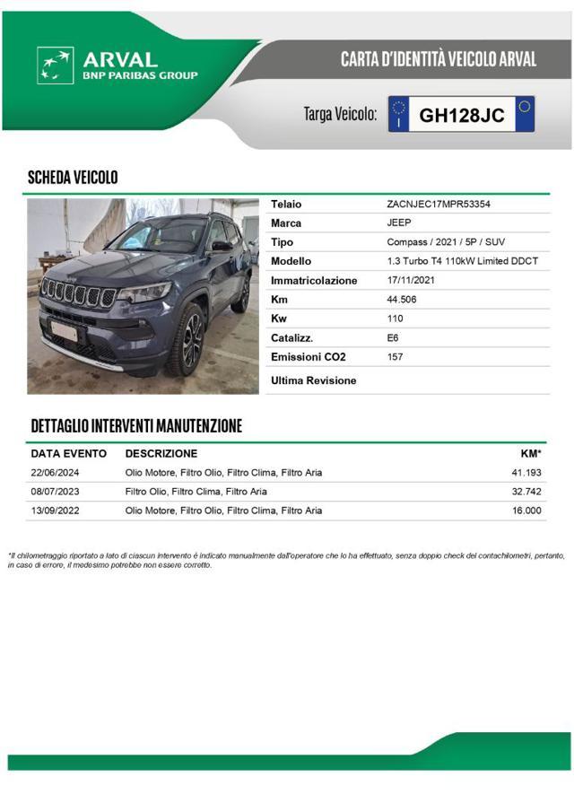 JEEP Compass 1.3 Turbo T4 150 CV aut. 2WD Limited Prezzo REALE