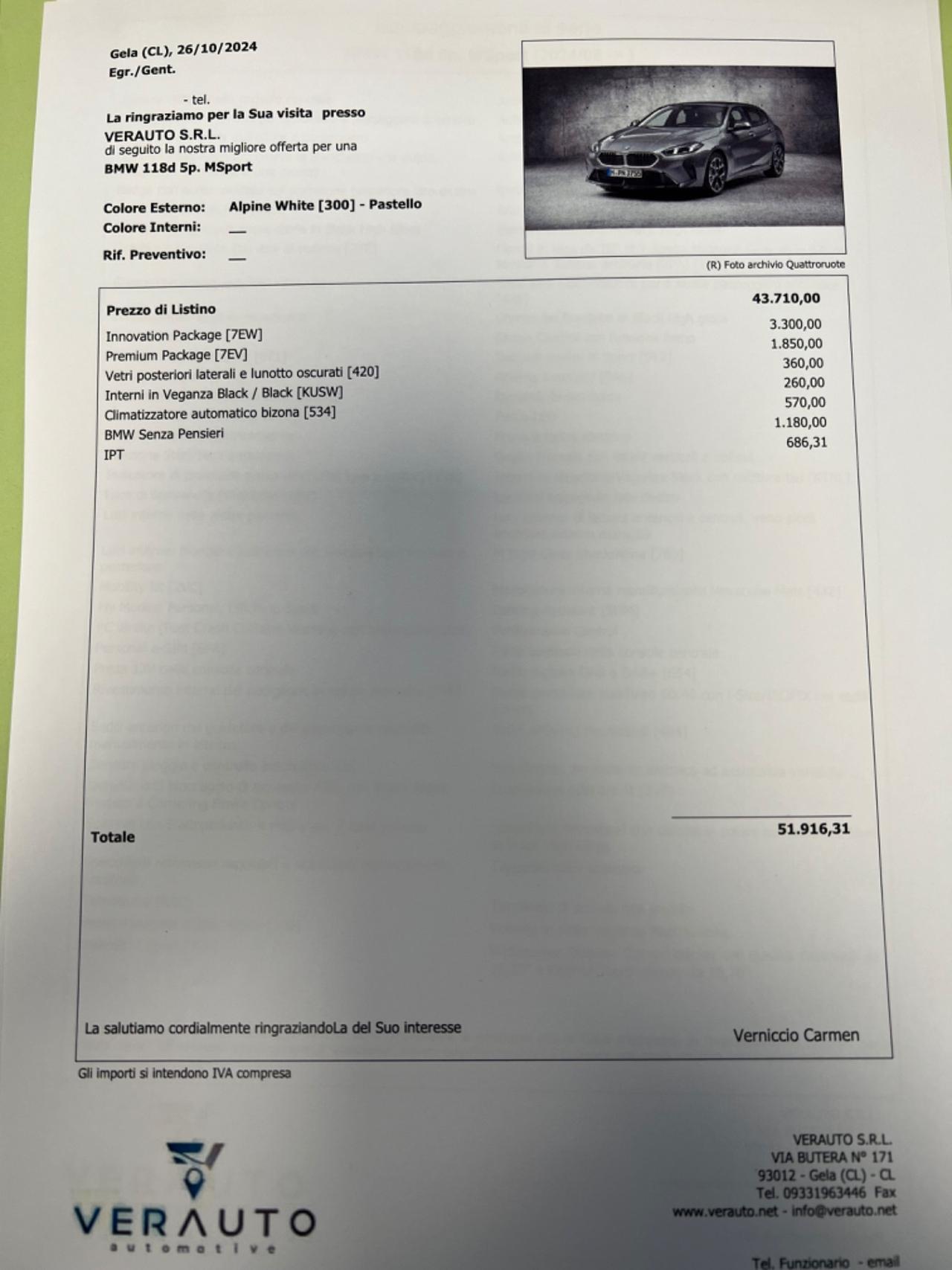 BMW 118 d MSport auto possibilità noleggio no scoring