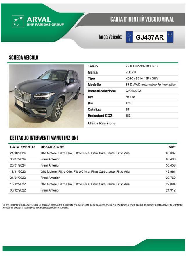 VOLVO XC90 B5 (d) AWD Geartronic 7 posti Inscription Tetto