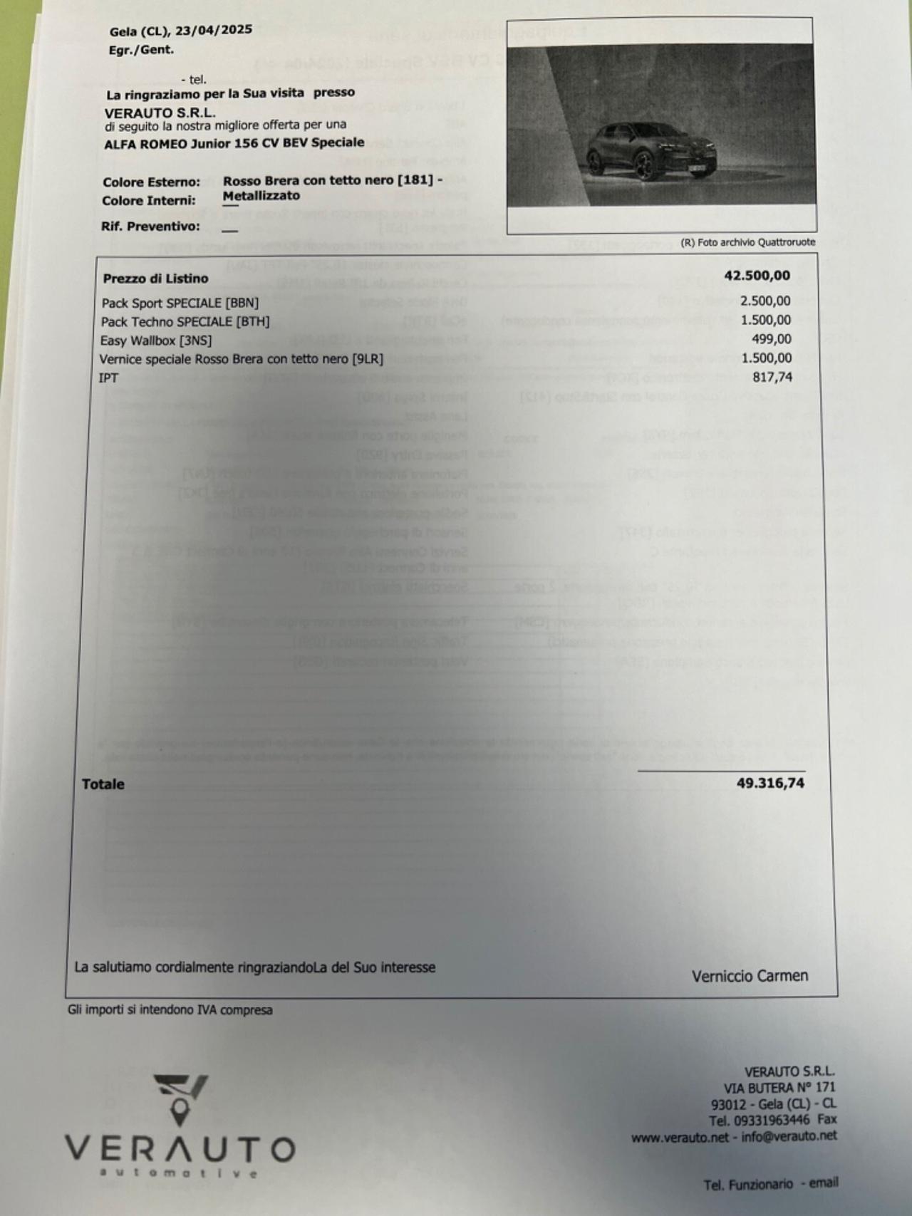 Alfa Romeo Junior bev Speciale Super Eco Incentivo Verauto