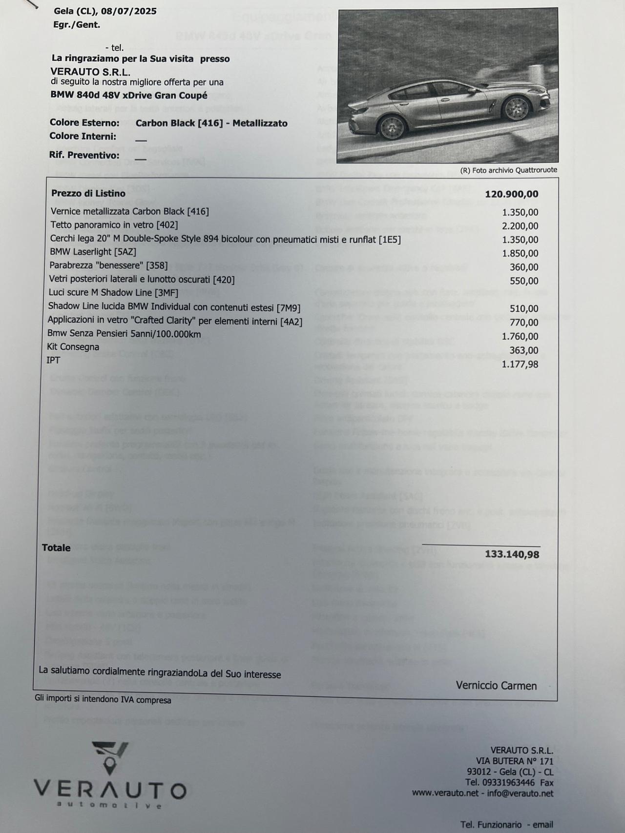 BMW 840 d xdrive Msport possibilità noleggio no scoring