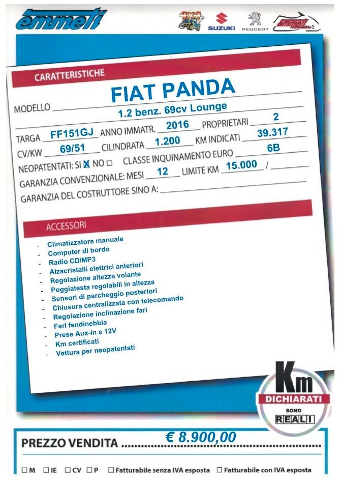 Fiat Panda 1.2 benz. 69cv Lounge