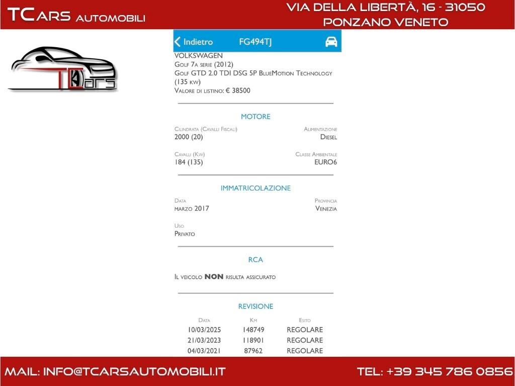 VOLKSWAGEN GOLF 2.0 GTD -DSG - GARANZIA 3 ANNI TOP