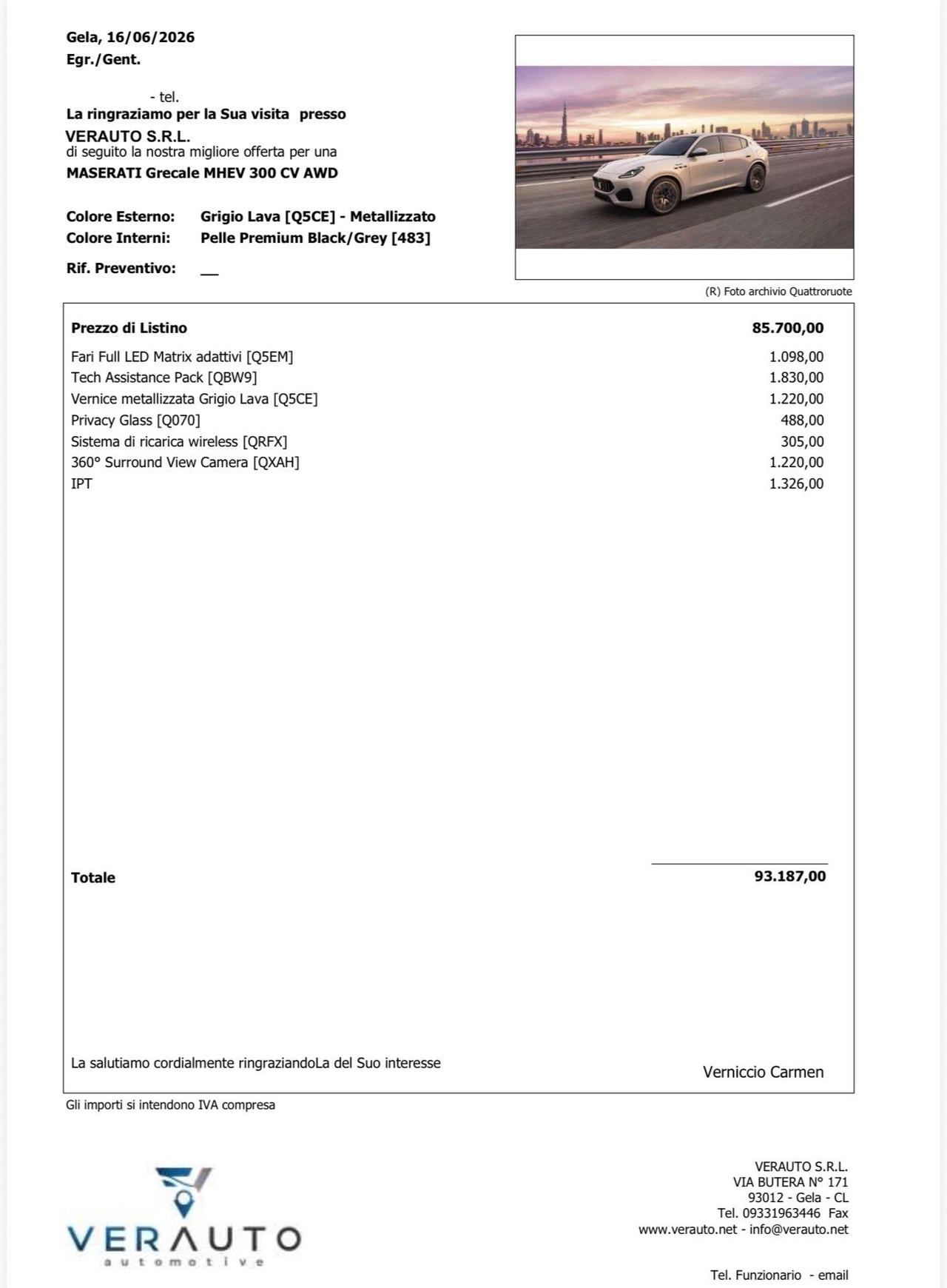 Maserati Grecale MHEV 300 CV AWD - Possibilità noleggio no Scoring