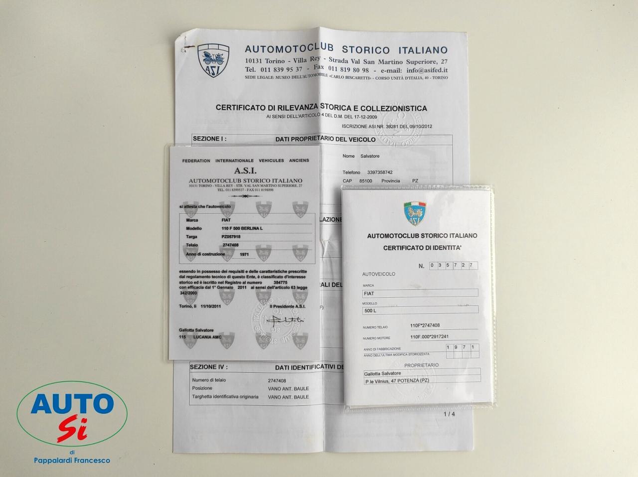 Fiat 500L ANNO 1971 - ISCRITTA ASI - CARTA ORO