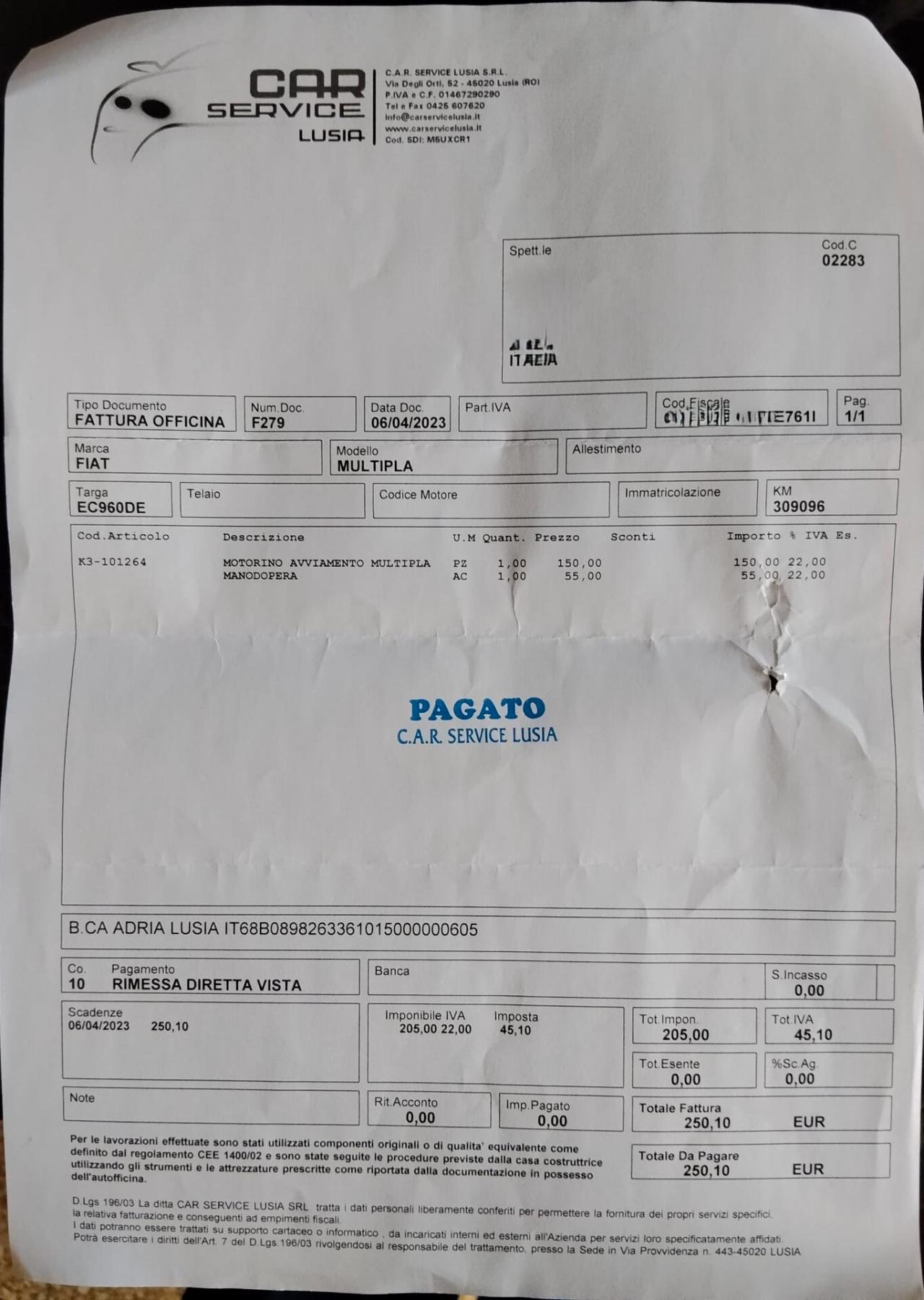 FIAT MULTIPLA 1.9 CON RAMPA PER DISABILI