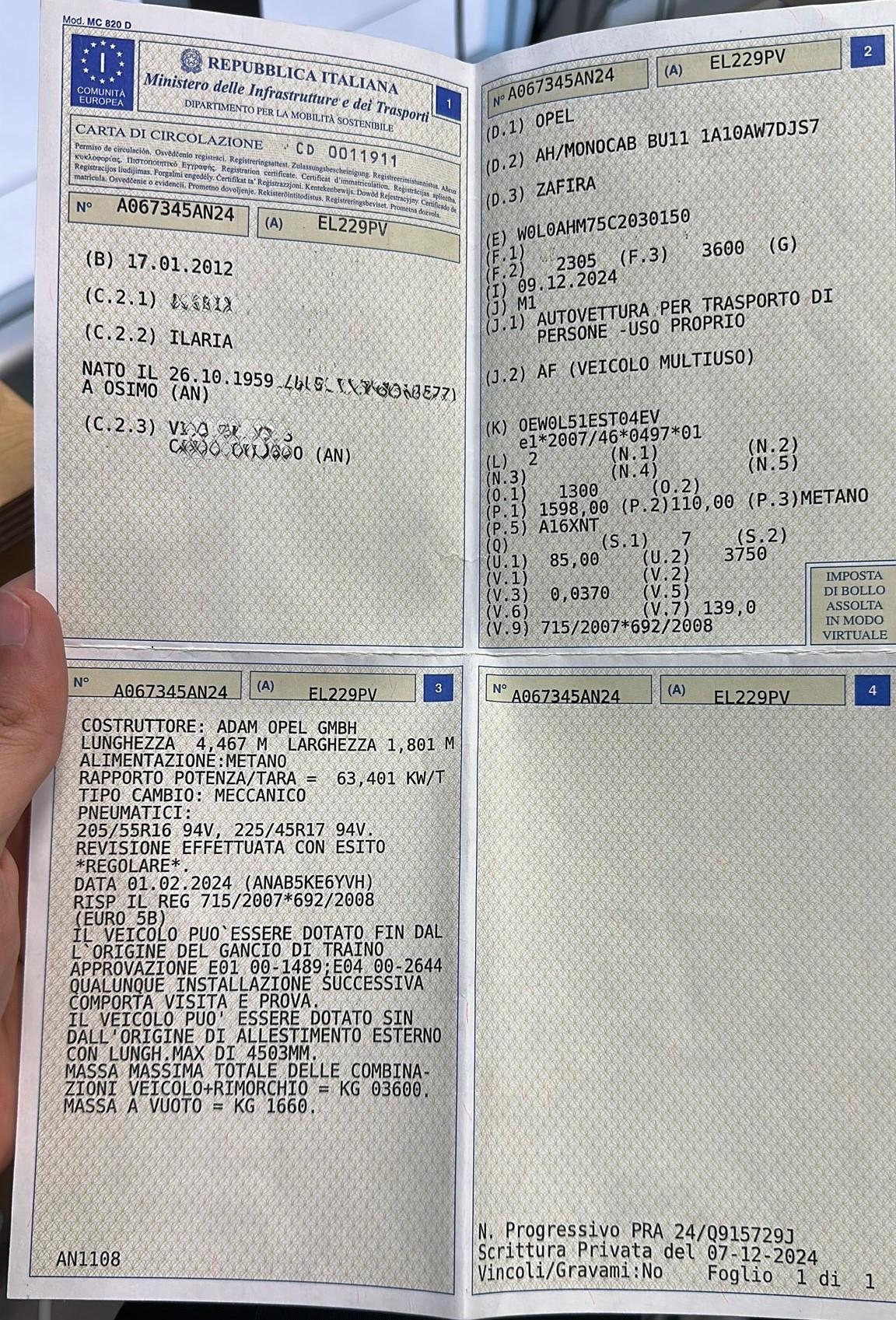 Opel Zafira ECOm 7posti 1.6 turbo benzina metano