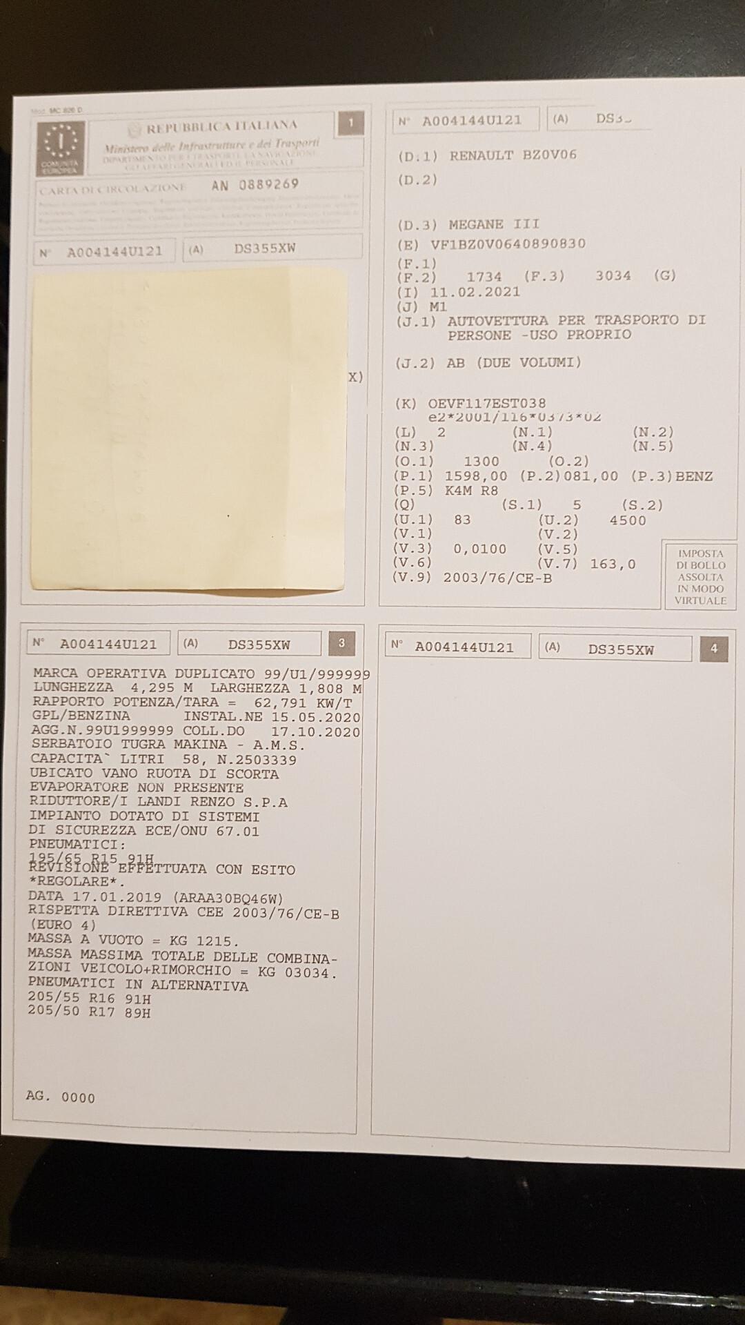 RENAULT MEGANE 1.6 GPL 5P 110CV 01/2009