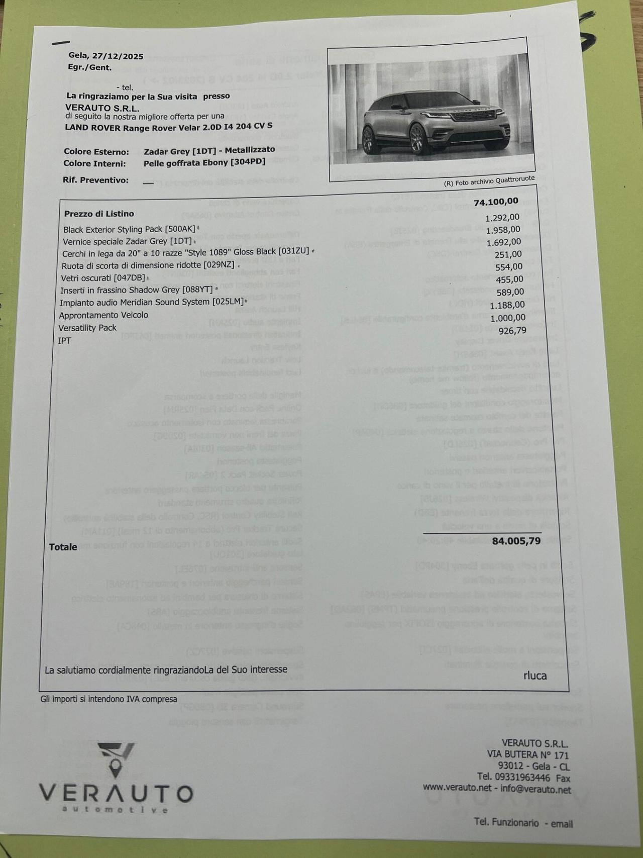 Land Rover Range Rover Velar 2.0d i4 mhev S possibilità noleggio no scoring