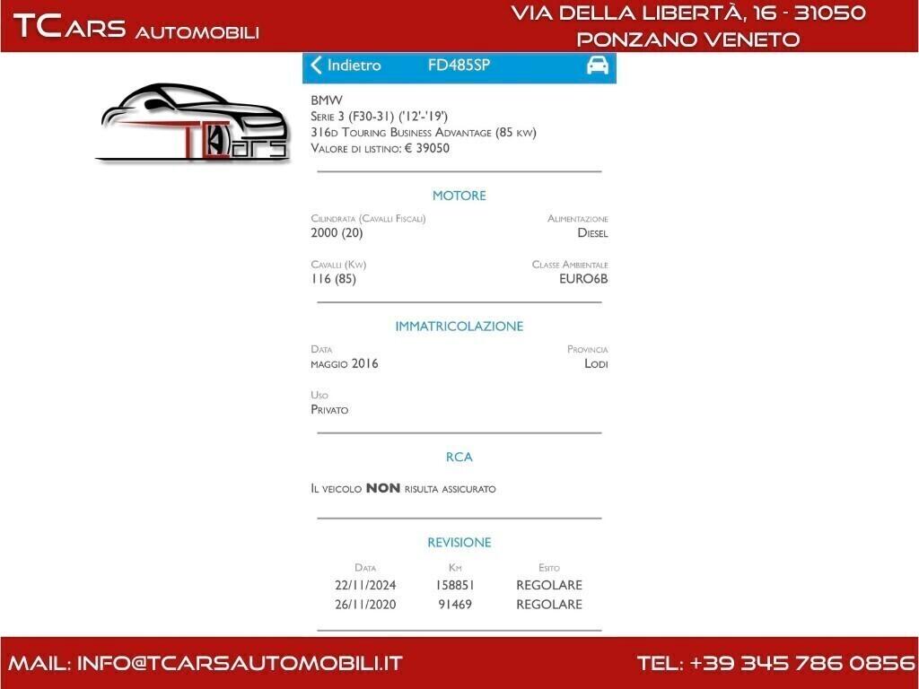 BMW 316d TOURING EURO 6B CON 3 ANNI GARANZIA TOP