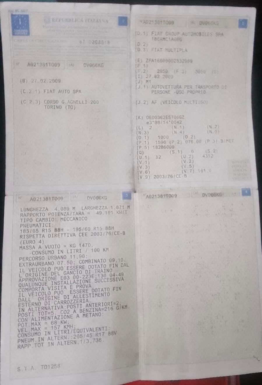 Fiat multipla 6posti 1.6 natural power NEOPATENTATI