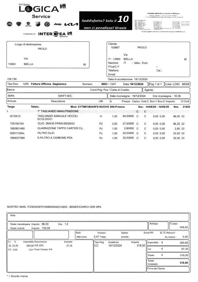 Peugeot 2008 1.2 Aut. GT Cronologia Tagliandi
