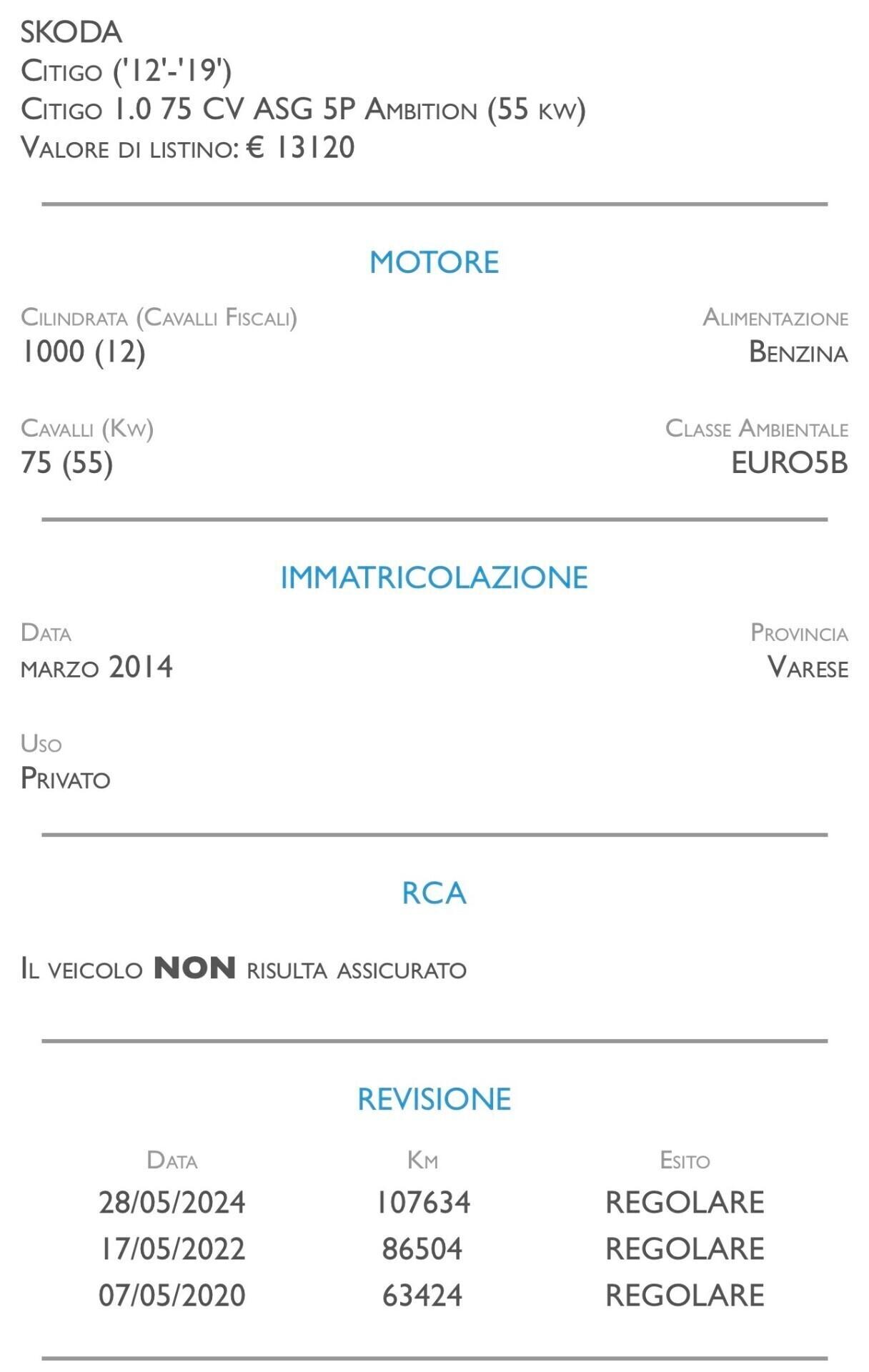 Skoda Citigo 1.0 75 CV ASG 5 porte Ambition - CAMBIO AUTOMATICO