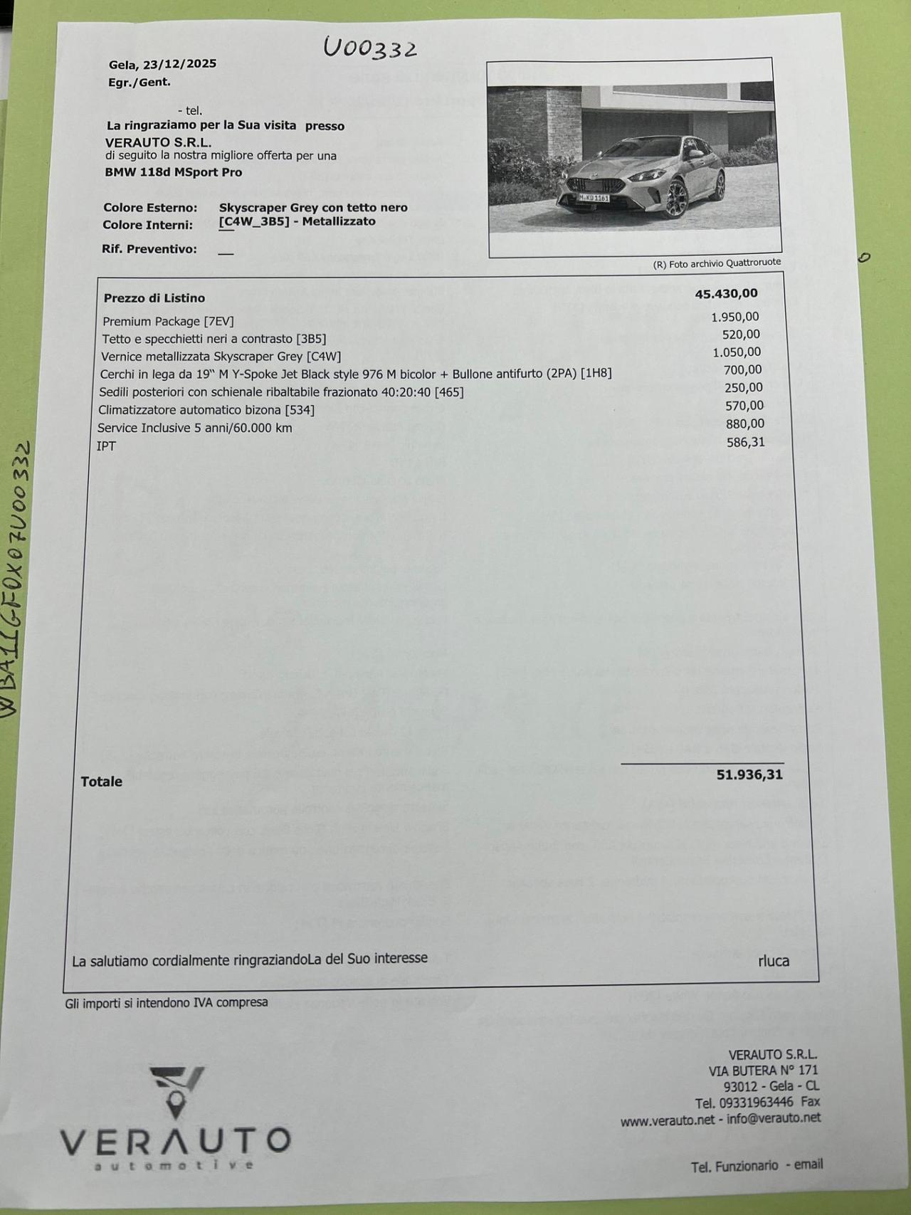 BMW 118 d MSport Pro possibilità noleggio no scoring