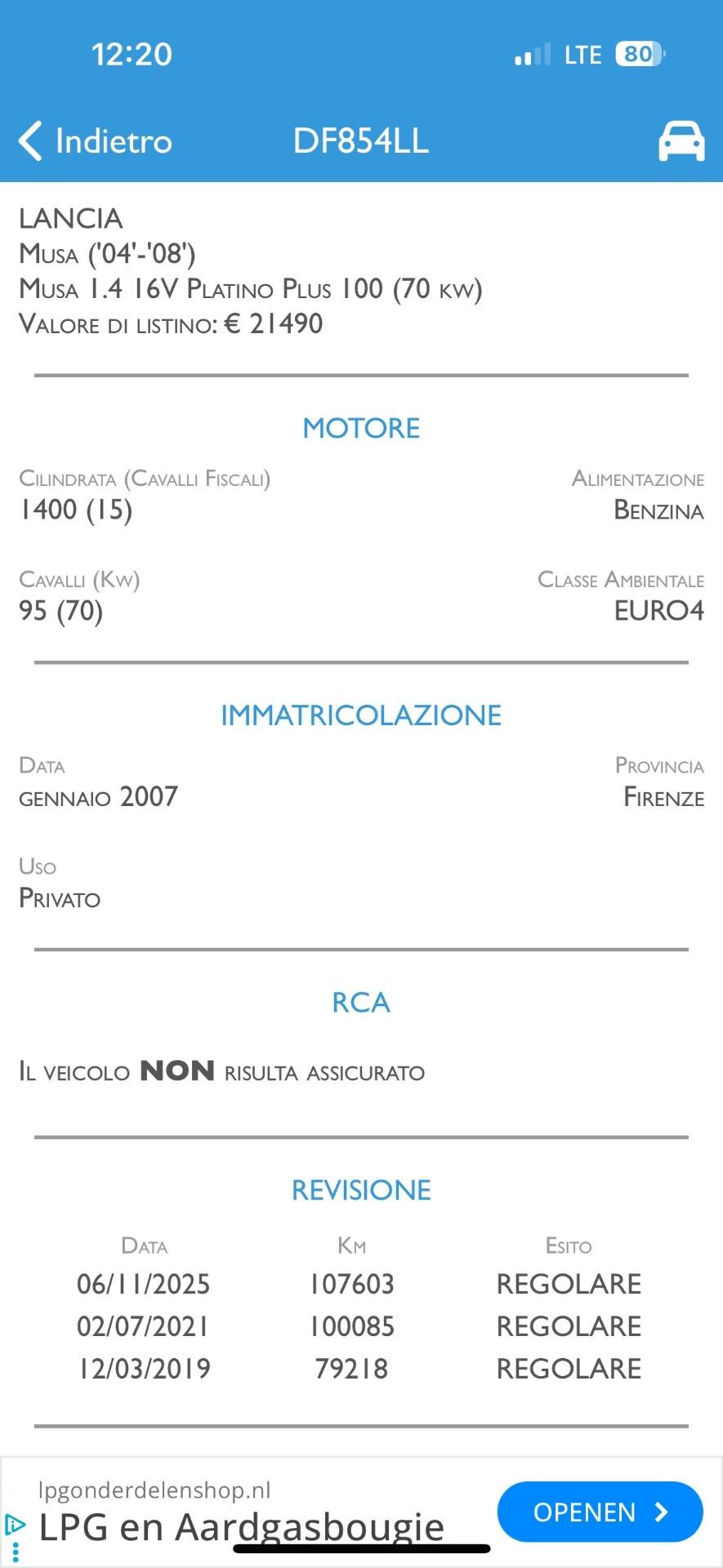 Lancia MUSA 1.4 16V Platino Plus benzina 2007