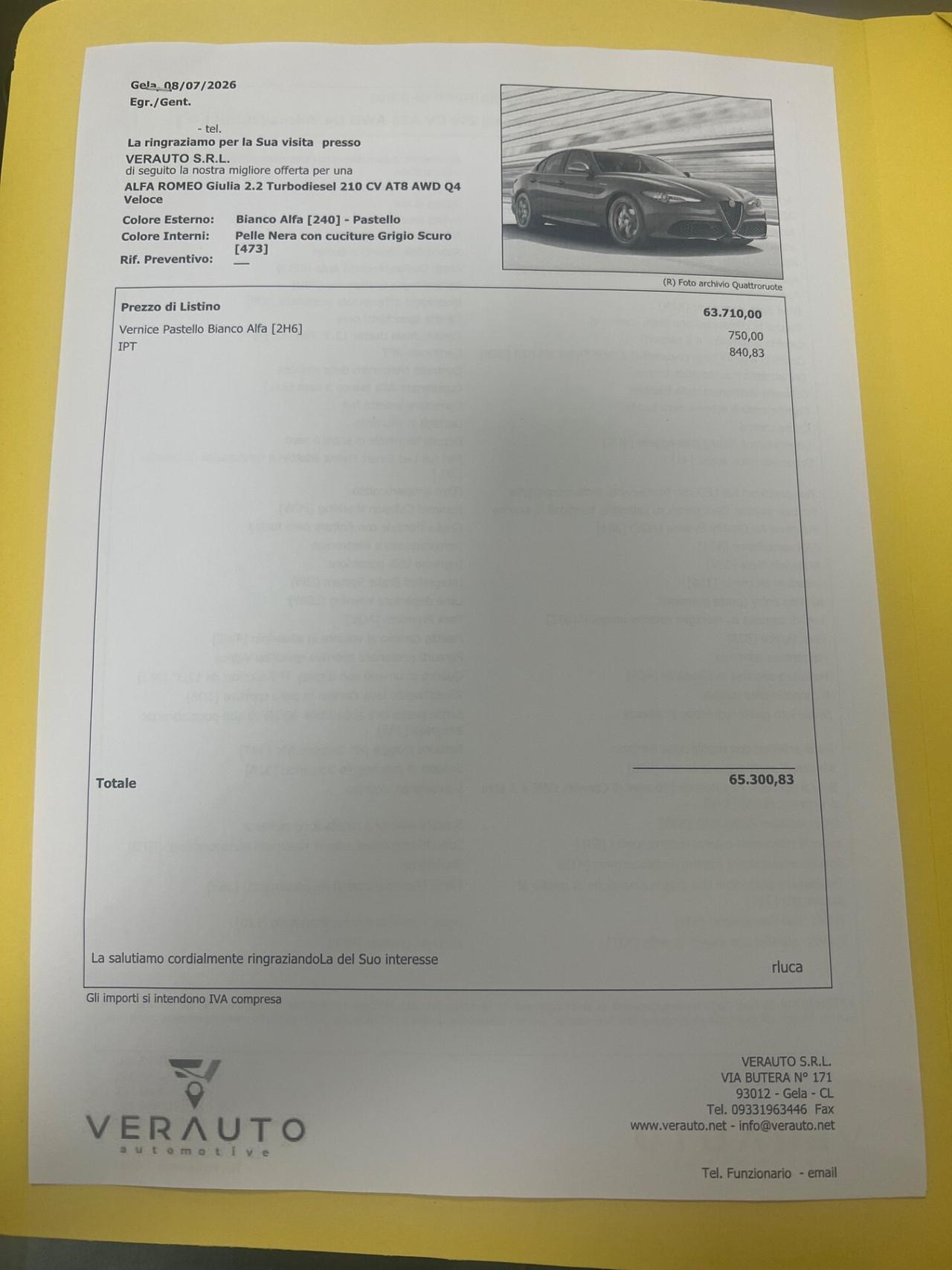 Alfa Romeo Giulia 2.2 Turbodiesel 210 CV AT8 AWD Q4 Veloce - possibilità noleggio no scoring