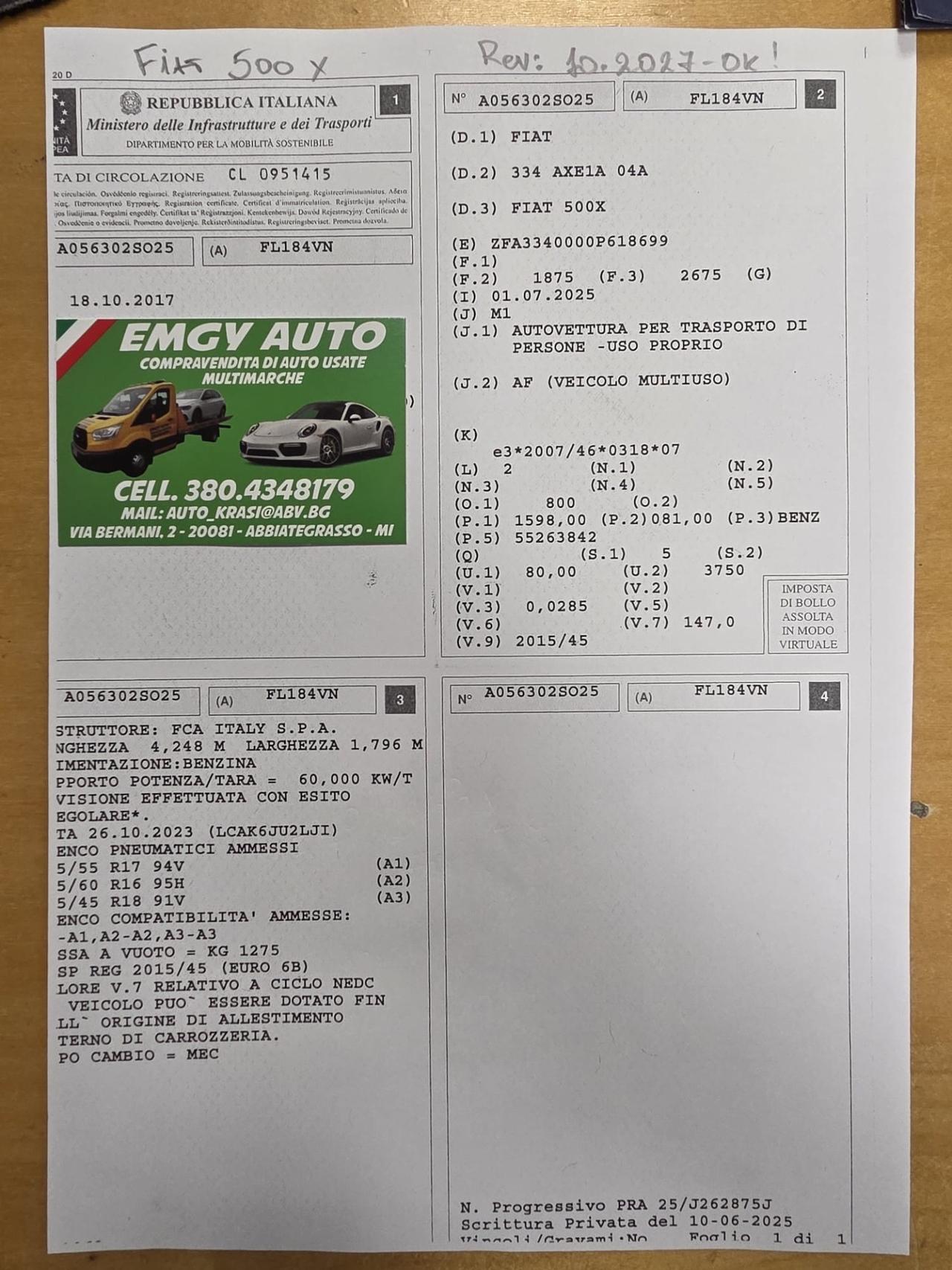 Fiat 500X 1.6 b. Euro 6B, solo 94.000m