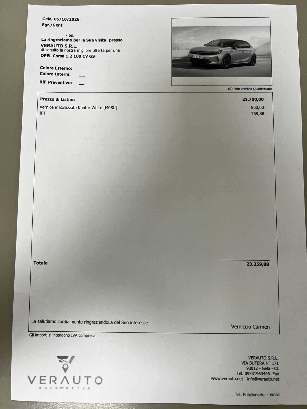Opel Corsa 1.2 101CV GS - possibilità noleggio no scoring