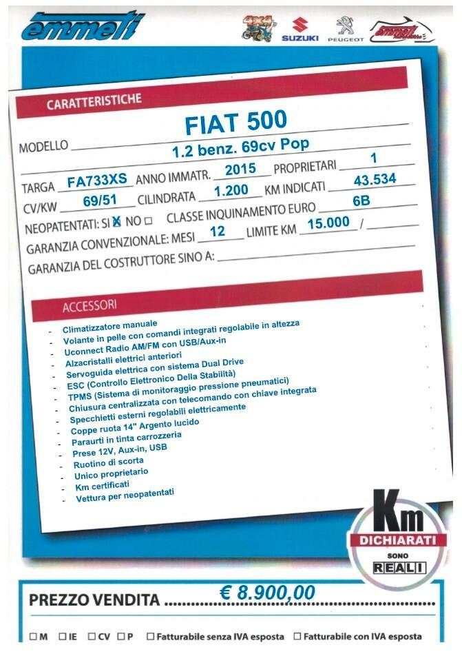 Fiat 500 1.2 69cv Pop