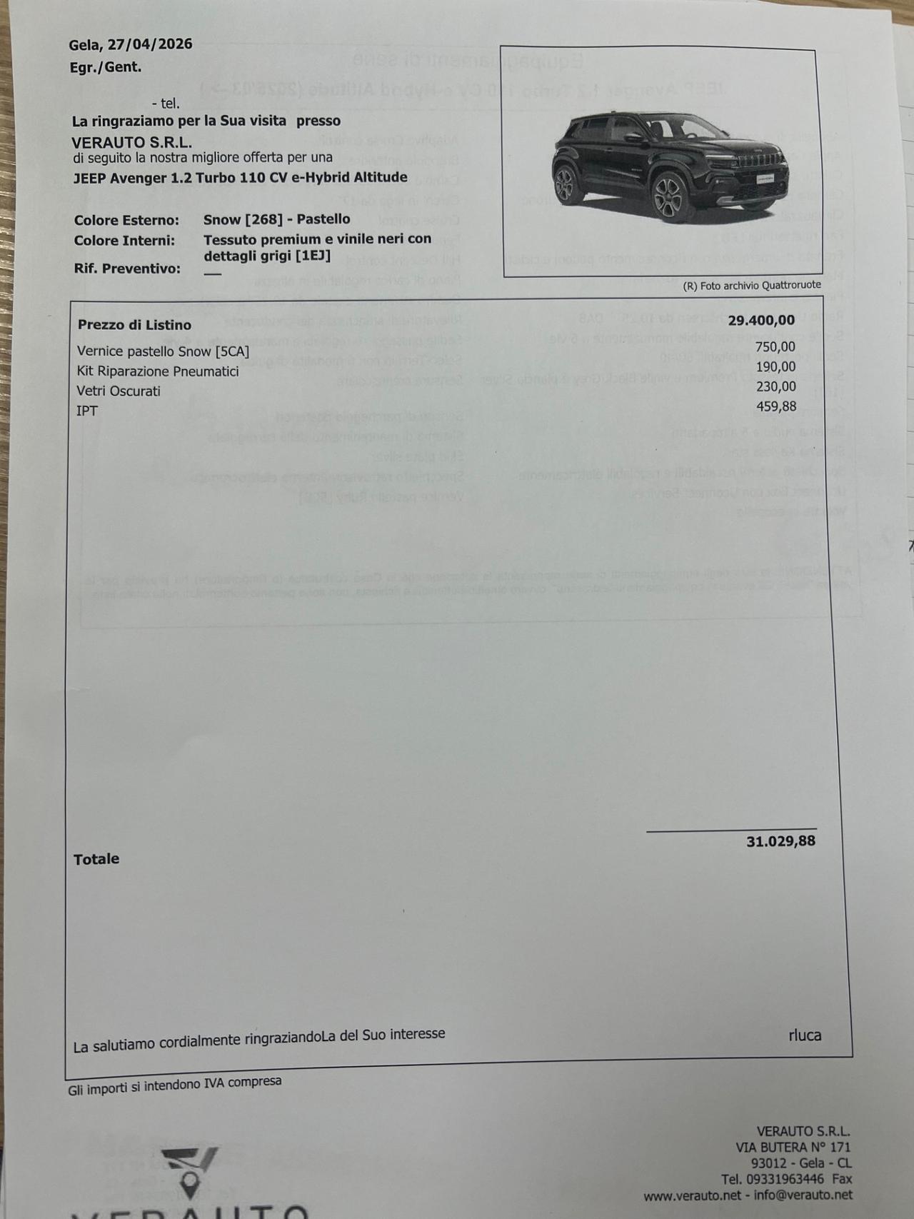 Jeep Avenger 1.2 Turbo 110 CV MHEV Altitude possibilità noleggio no scoring