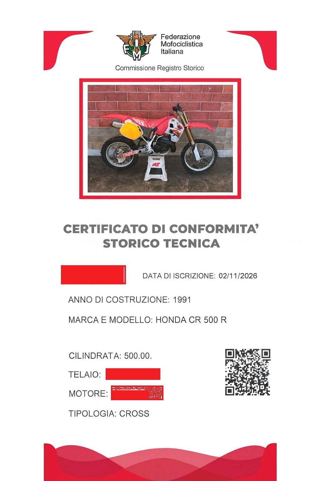 HONDA CR 500 1991 RESTAURATA CON registro storico