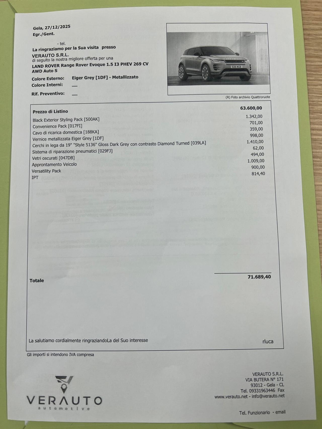 Land Rover Range Rover Evoque 1.5 phev S awd possibilità noleggio no scoring