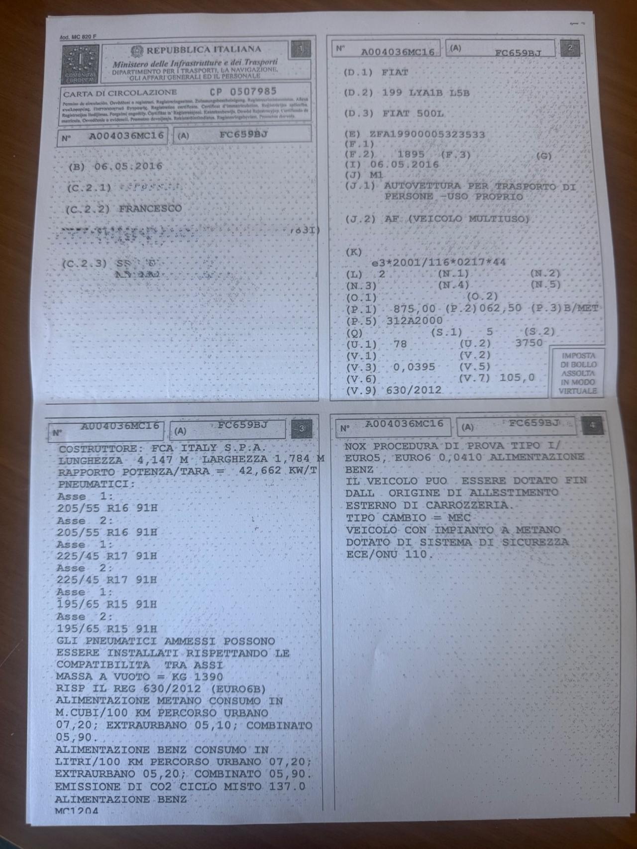 Fiat 500 L natural power UNIPRO euro6B neopatentati